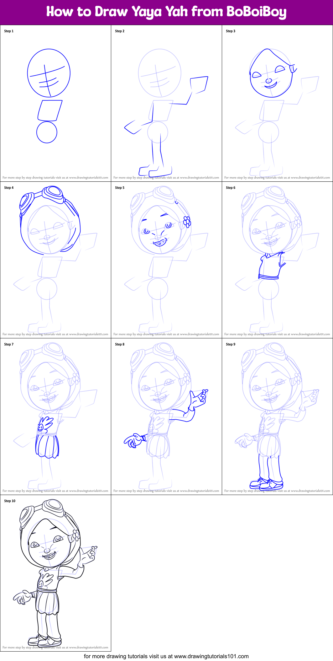 How to Draw Yaya Yah from BoBoiBoy Printable Step by Step