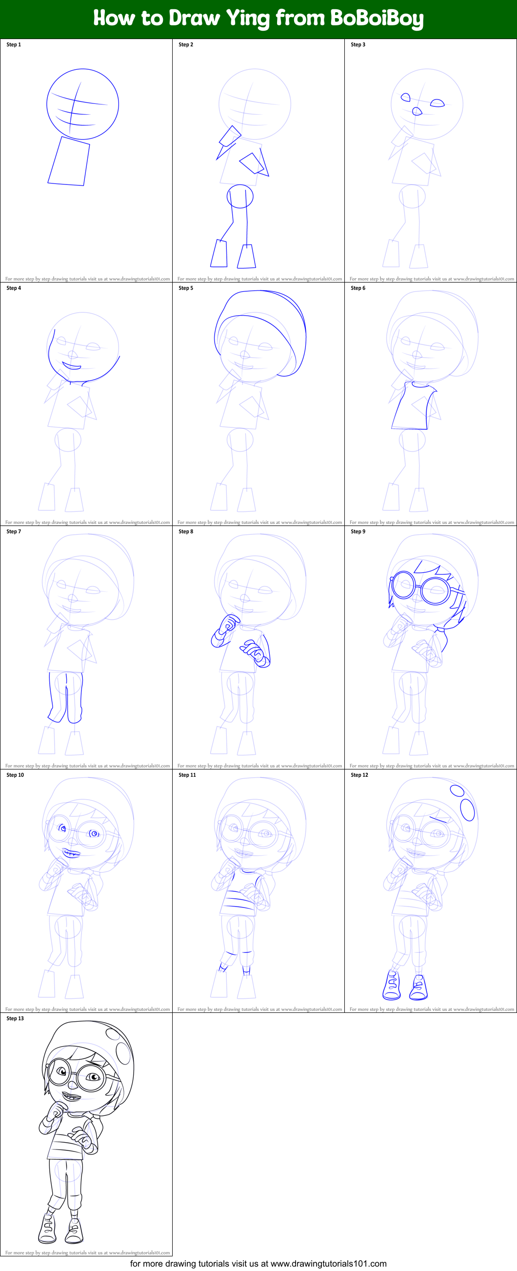 How to Draw Ying from BoBoiBoy Printable Step by Step