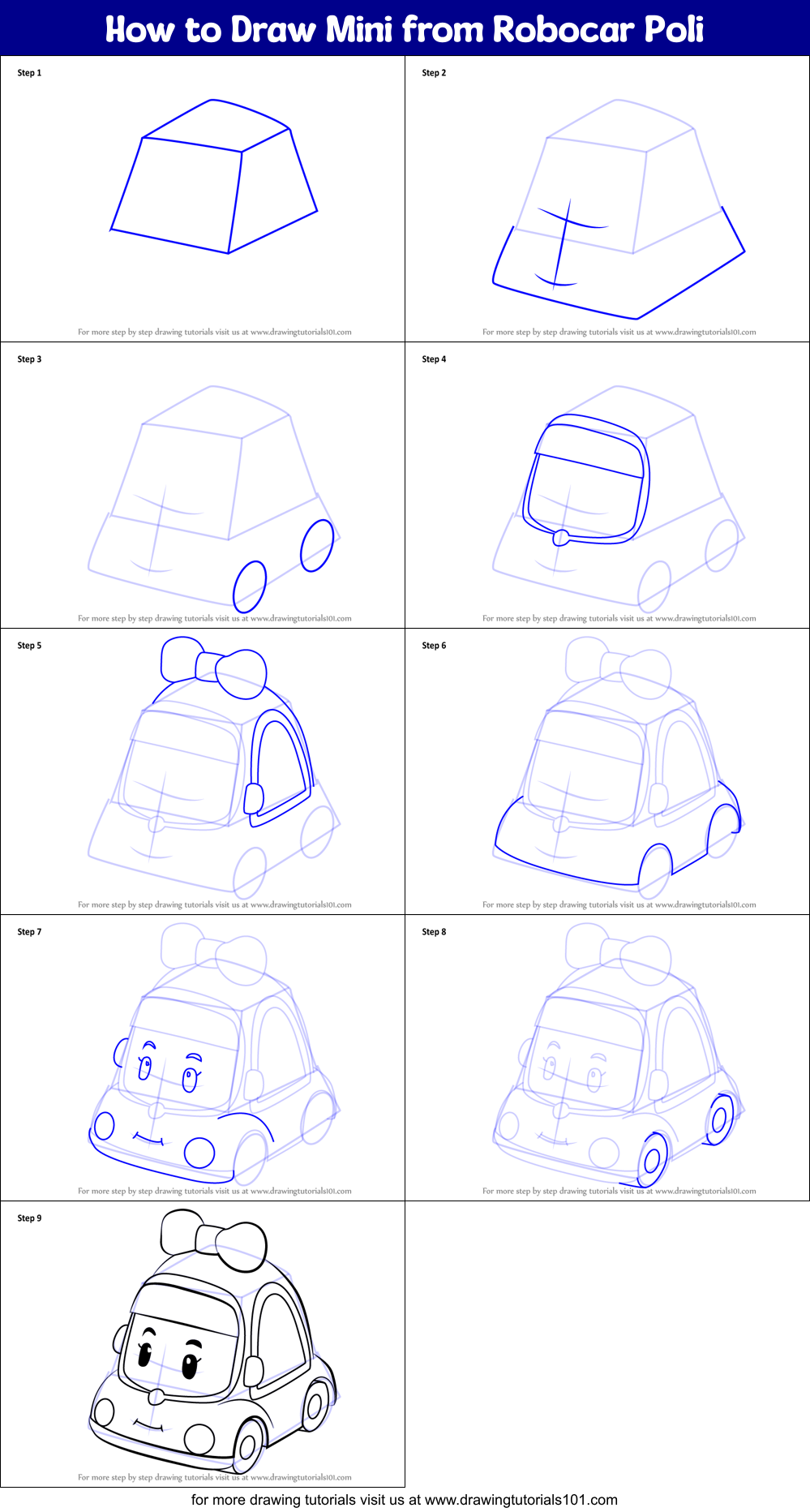 How to Draw Mini from Robocar Poli Printable Step by Step