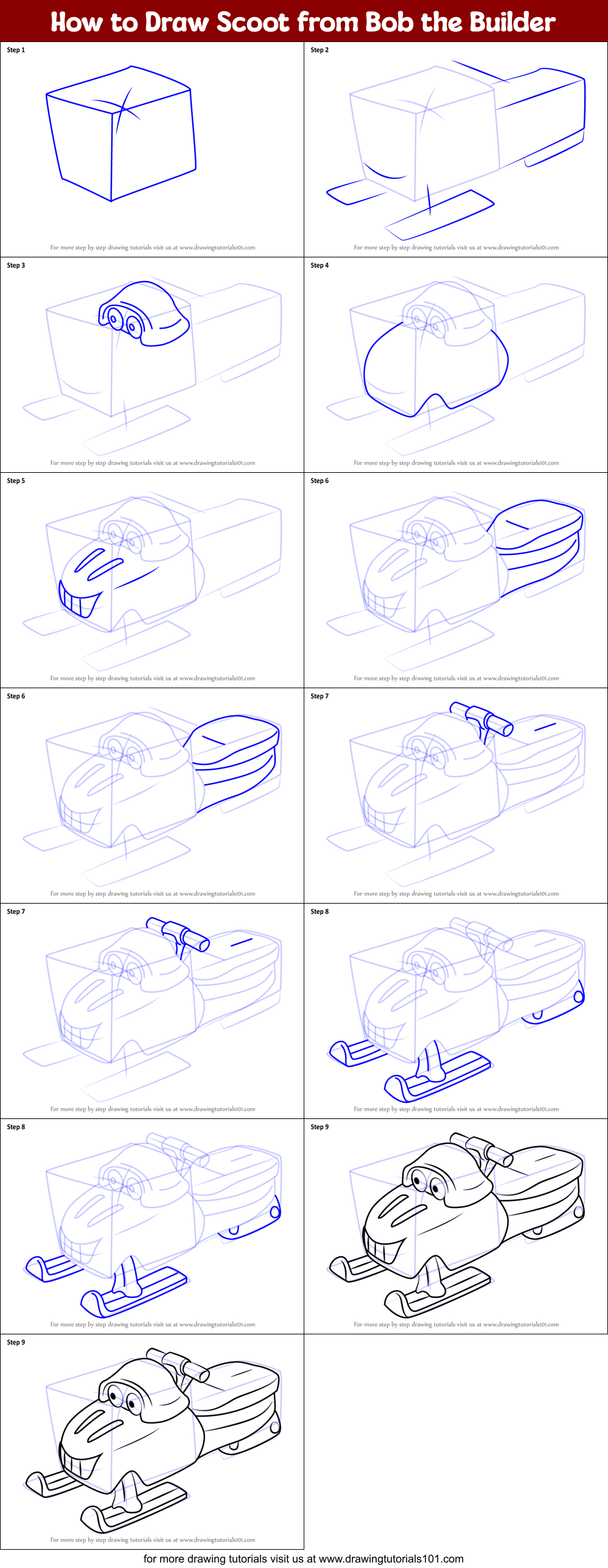 How to Draw Scoot from Bob the Builder Printable Step by Step