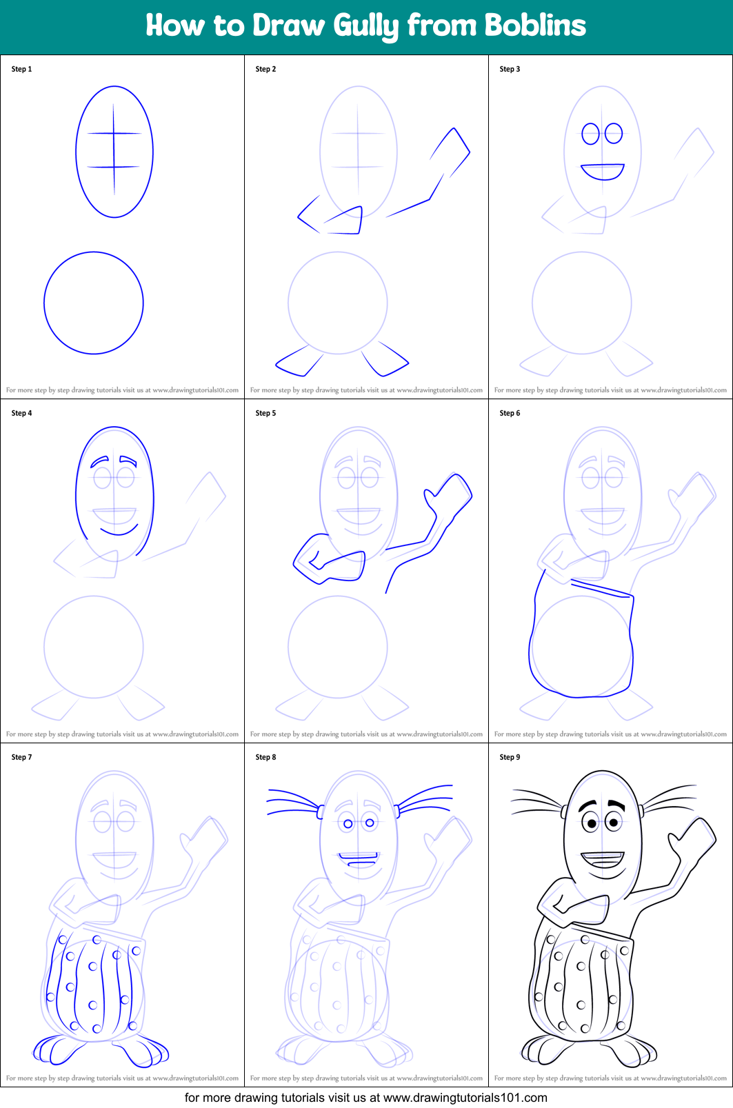 How to Draw Gully from Boblins Printable Step by Step