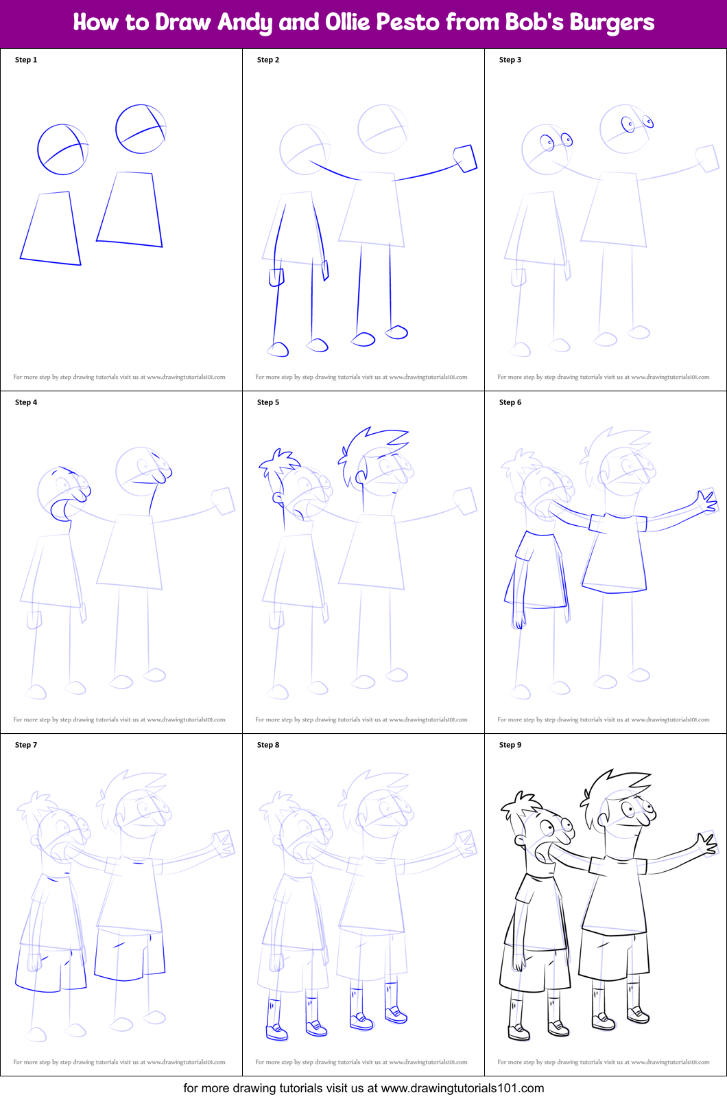 How to Draw Andy and Ollie Pesto from Bob's Burgers Printable Step by Step