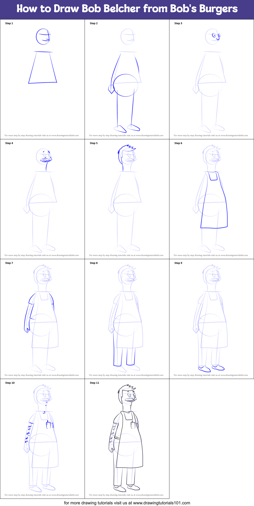 How to Draw Bob Belcher from Bob's Burgers Printable Step by Step