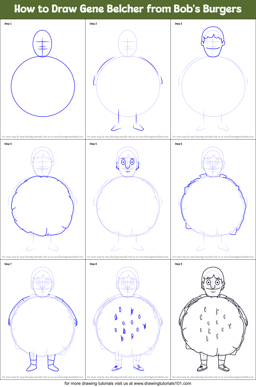 How to Draw Gene Belcher from Bob's Burgers printable step by step