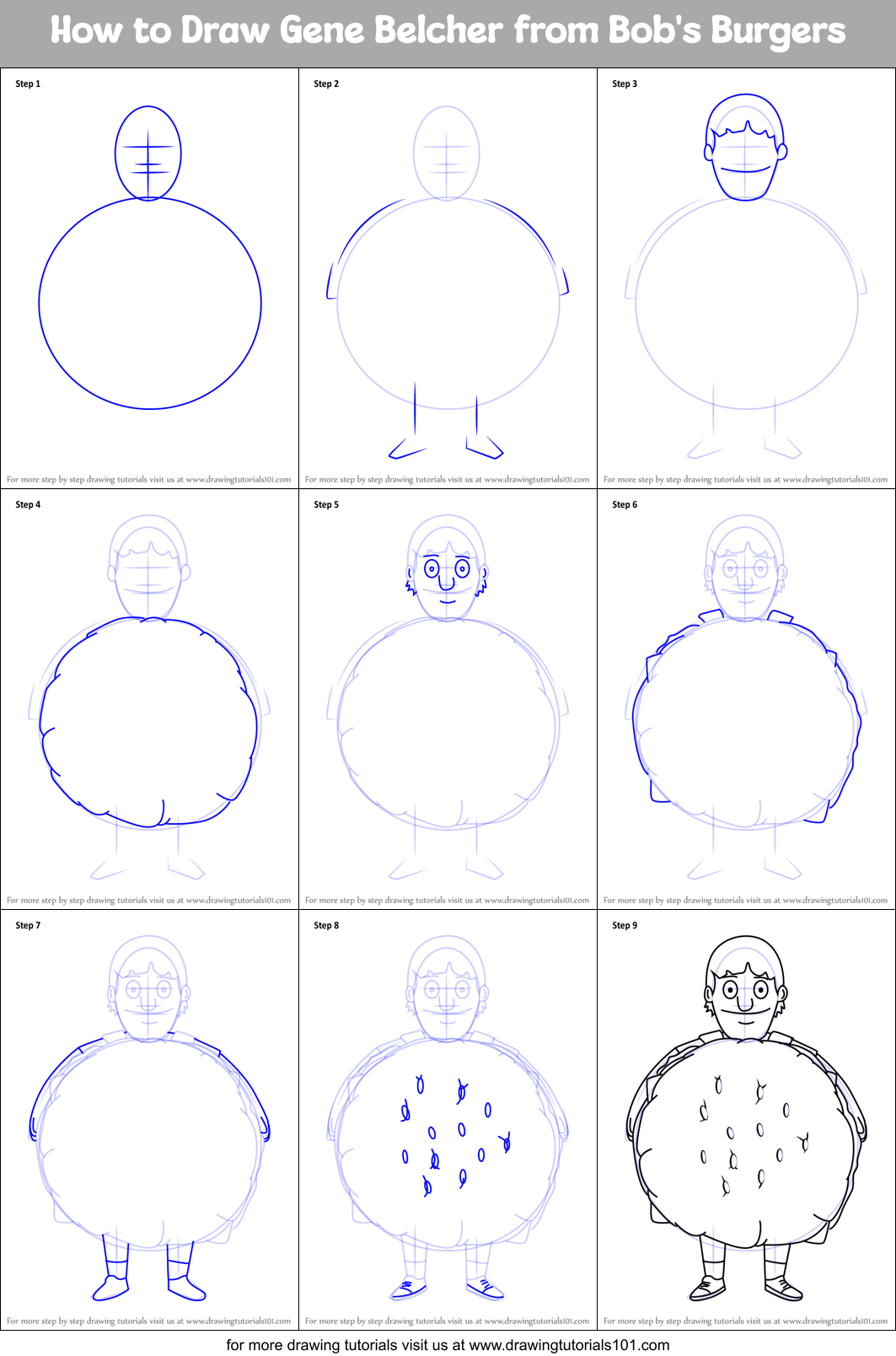 How to Draw Gene Belcher from Bob's Burgers Printable Step by Step
