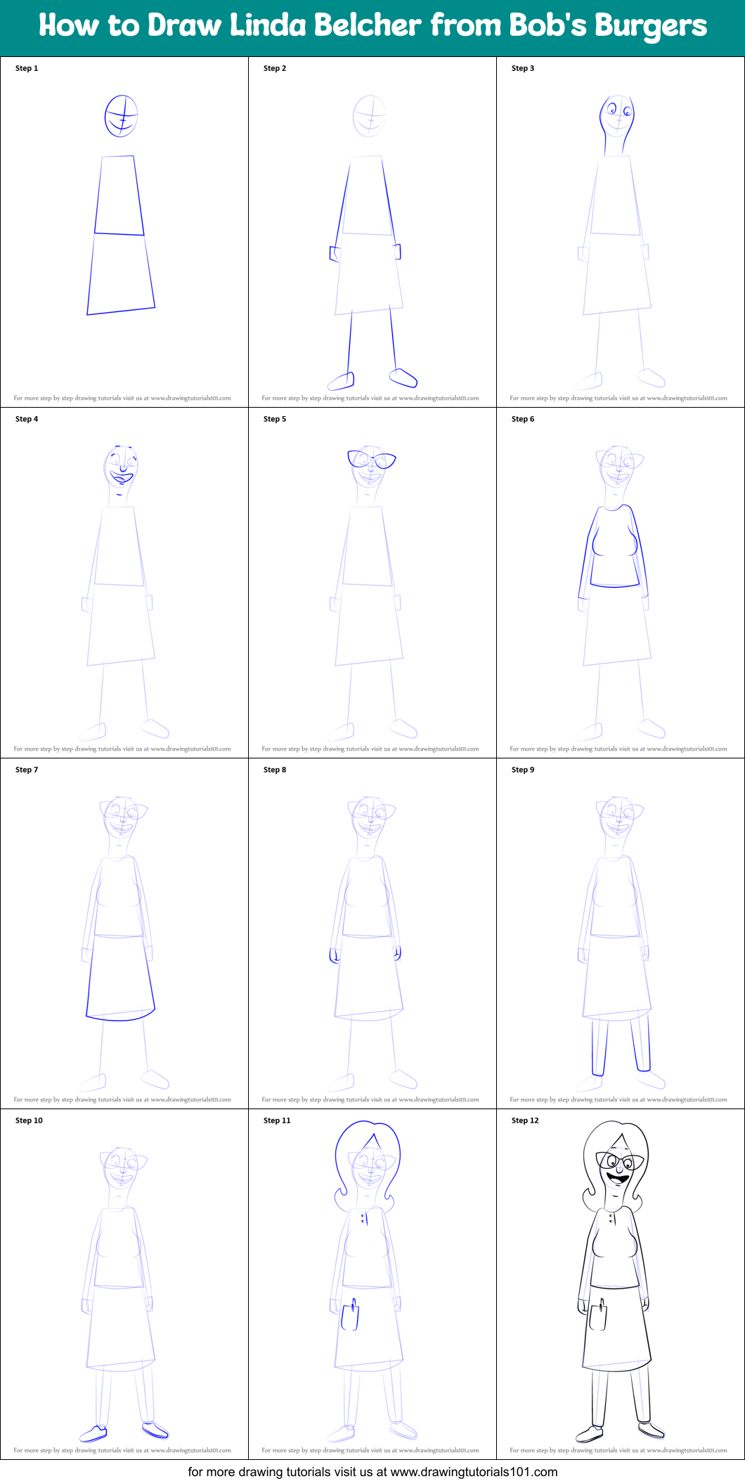 How to Draw Linda Belcher from Bob's Burgers Printable Step by Step
