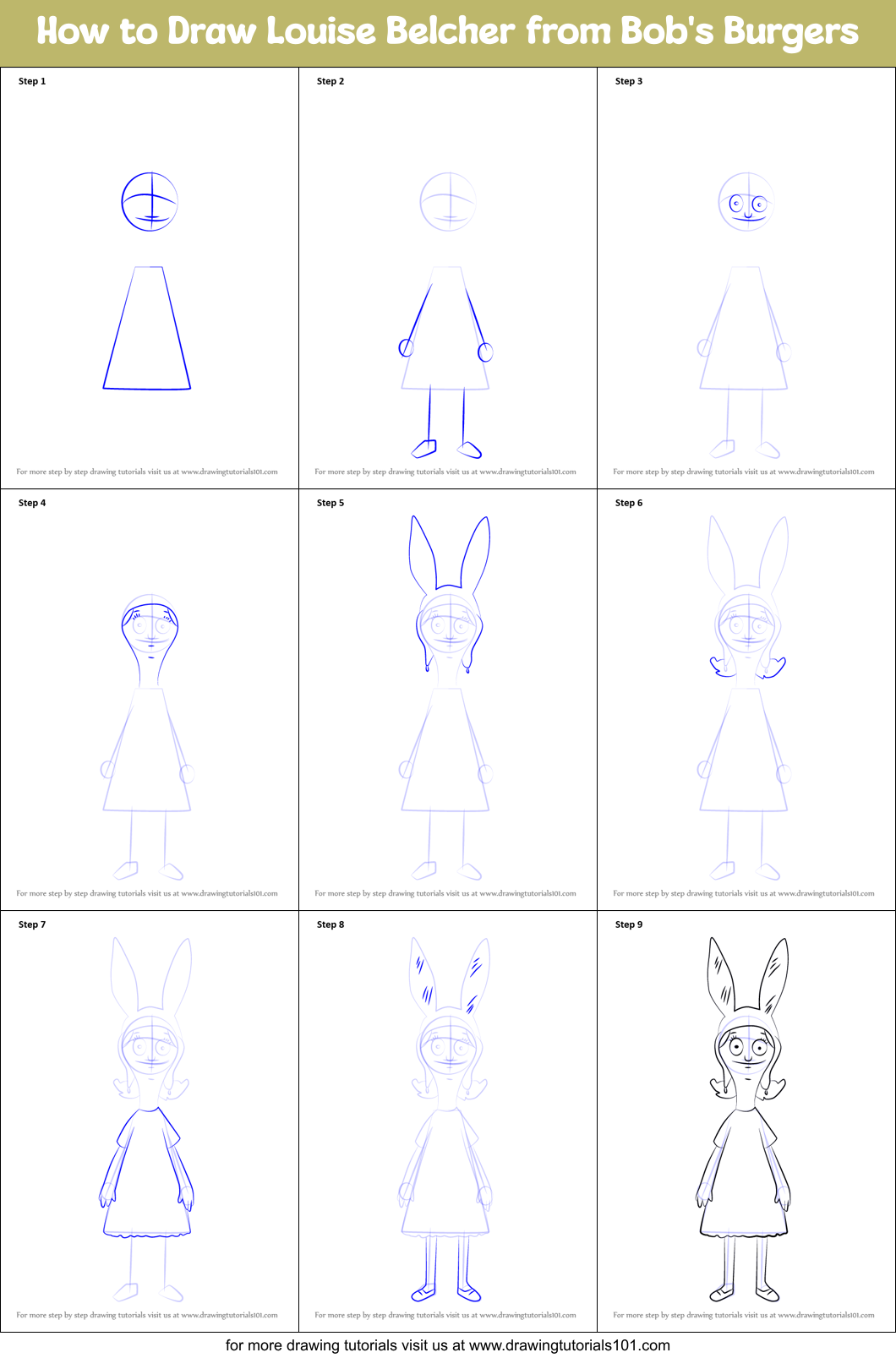 How to Draw Louise Belcher from Bob&#39;s Burgers printable step by step drawing sheet ...