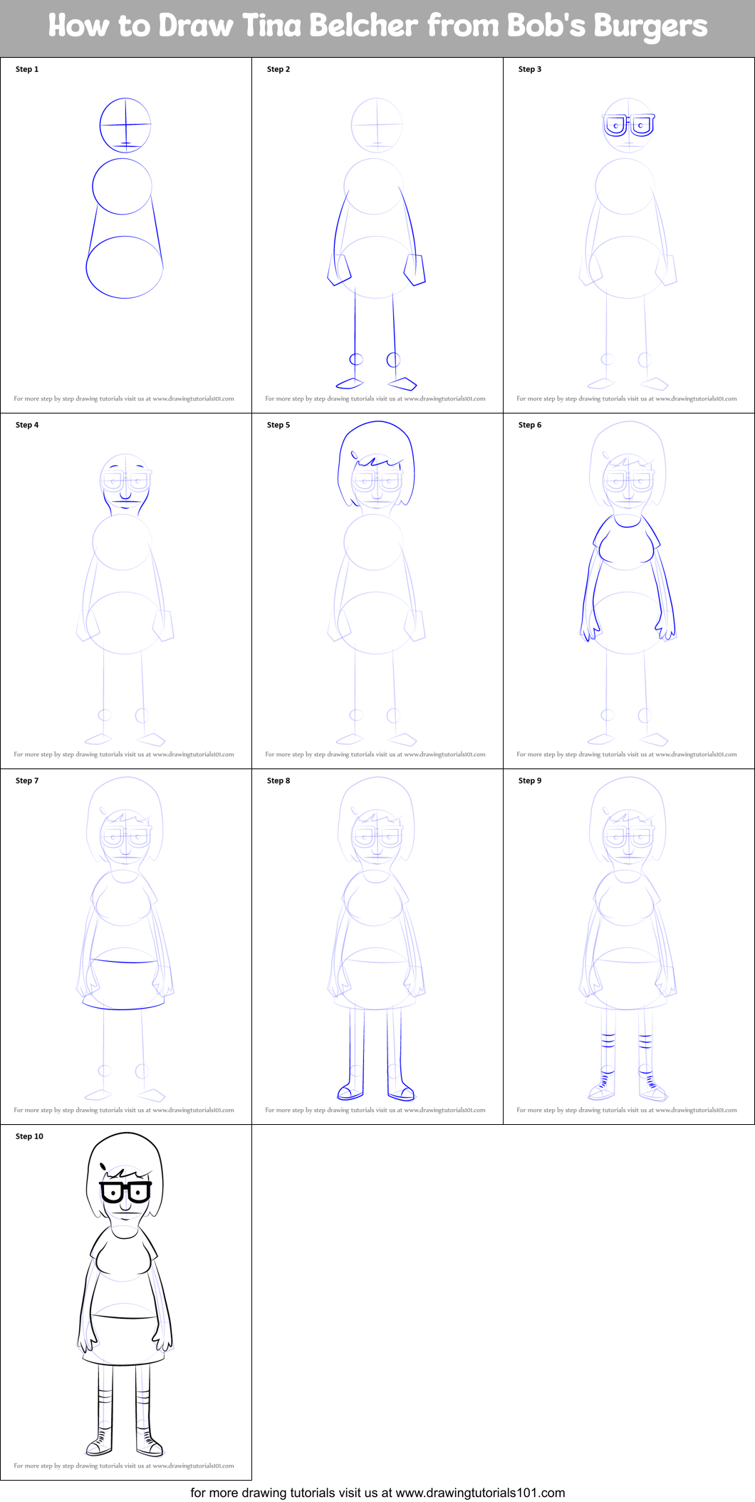 How to Draw Tina Belcher from Bob's Burgers Printable Step by Step