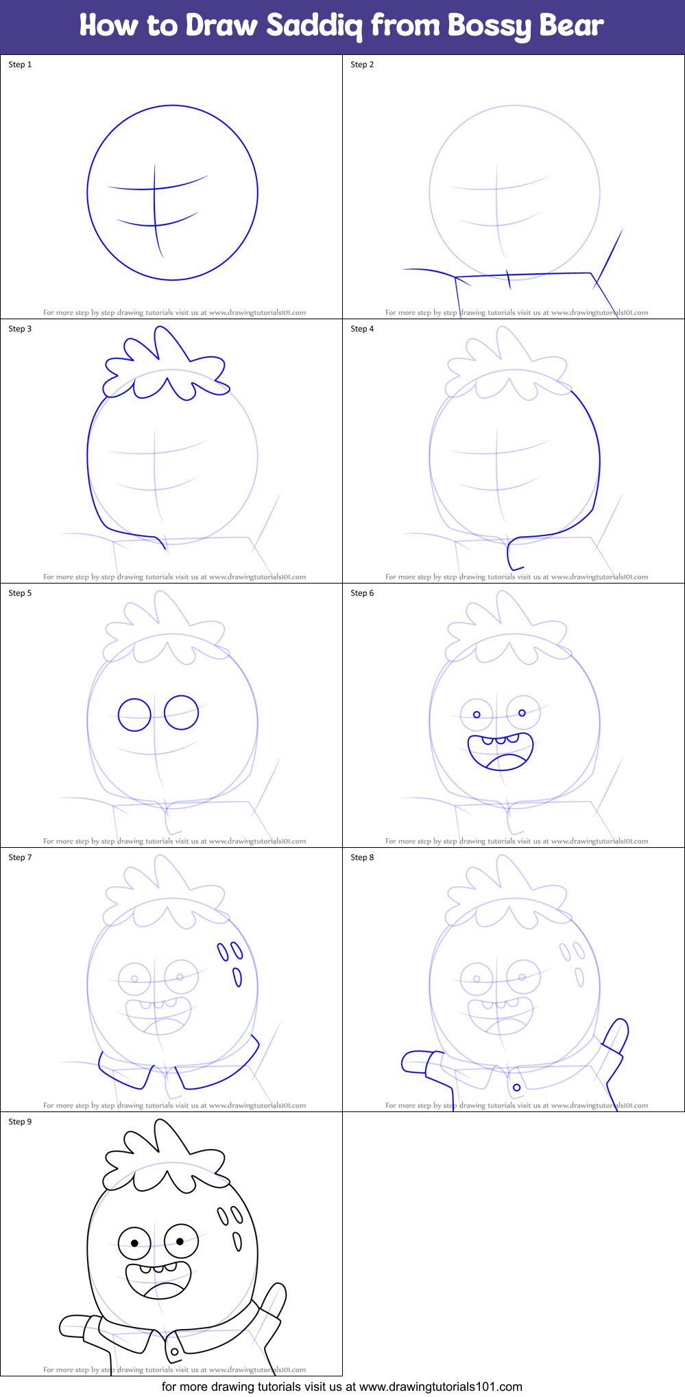 How to Draw Saddiq from Bossy Bear Printable Step by Step