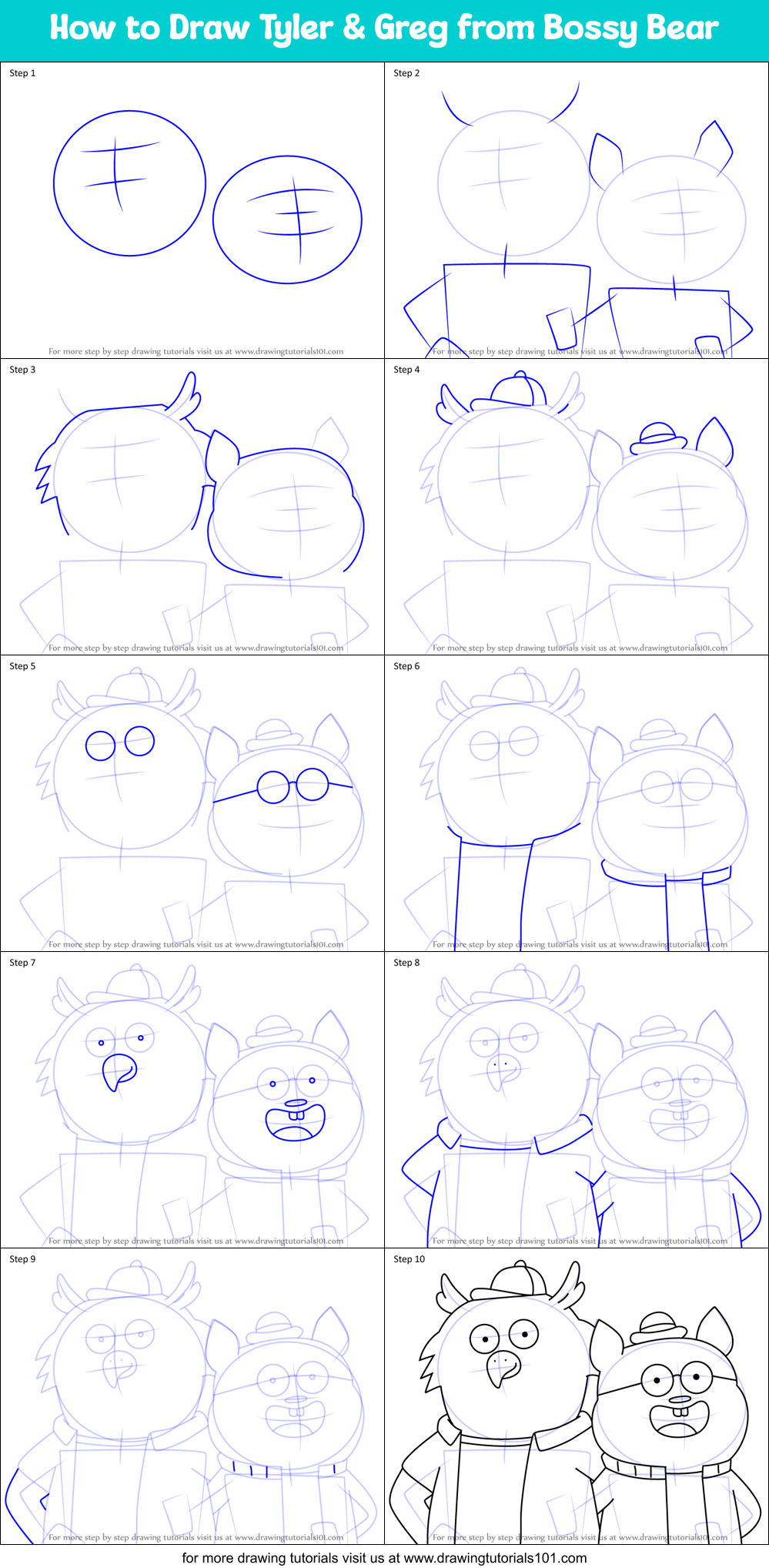 How to Draw Tyler & Greg from Bossy Bear Printable Step by Step