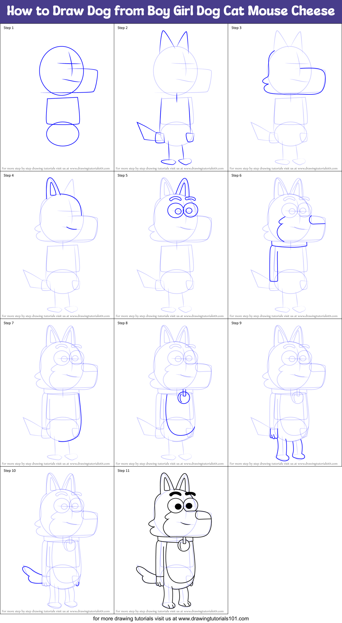 How to Draw Dog from Boy Girl Dog Cat Mouse Cheese Printable Step by Step