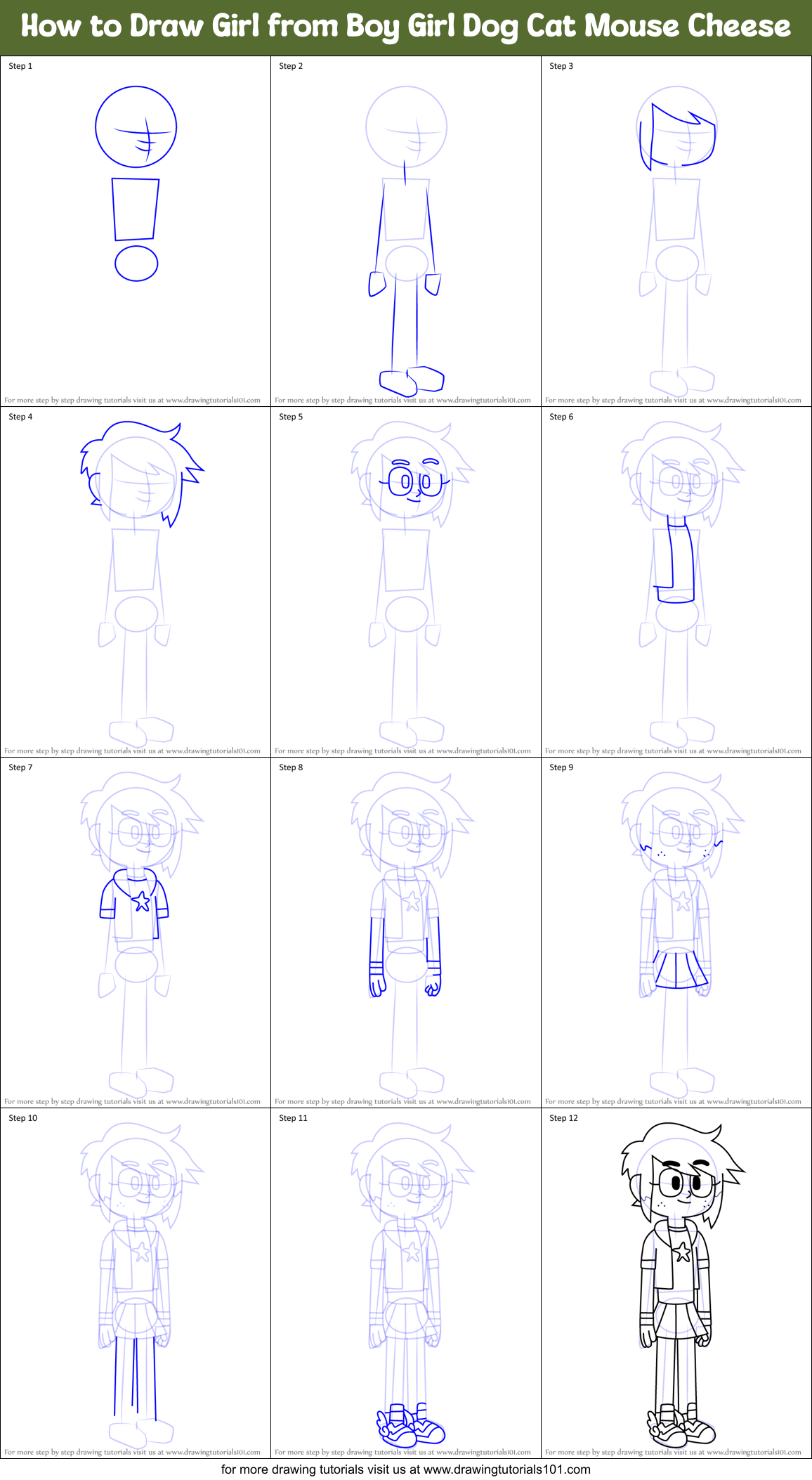 How to Draw Girl from Boy Girl Dog Cat Mouse Cheese Printable Step by Step