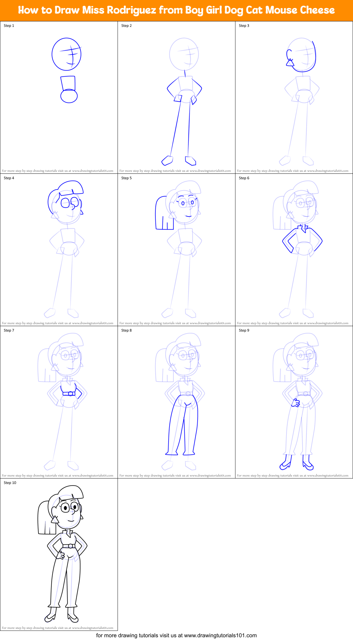How to Draw Miss Rodriguez from Boy Girl Dog Cat Mouse Cheese Printable Step by Step