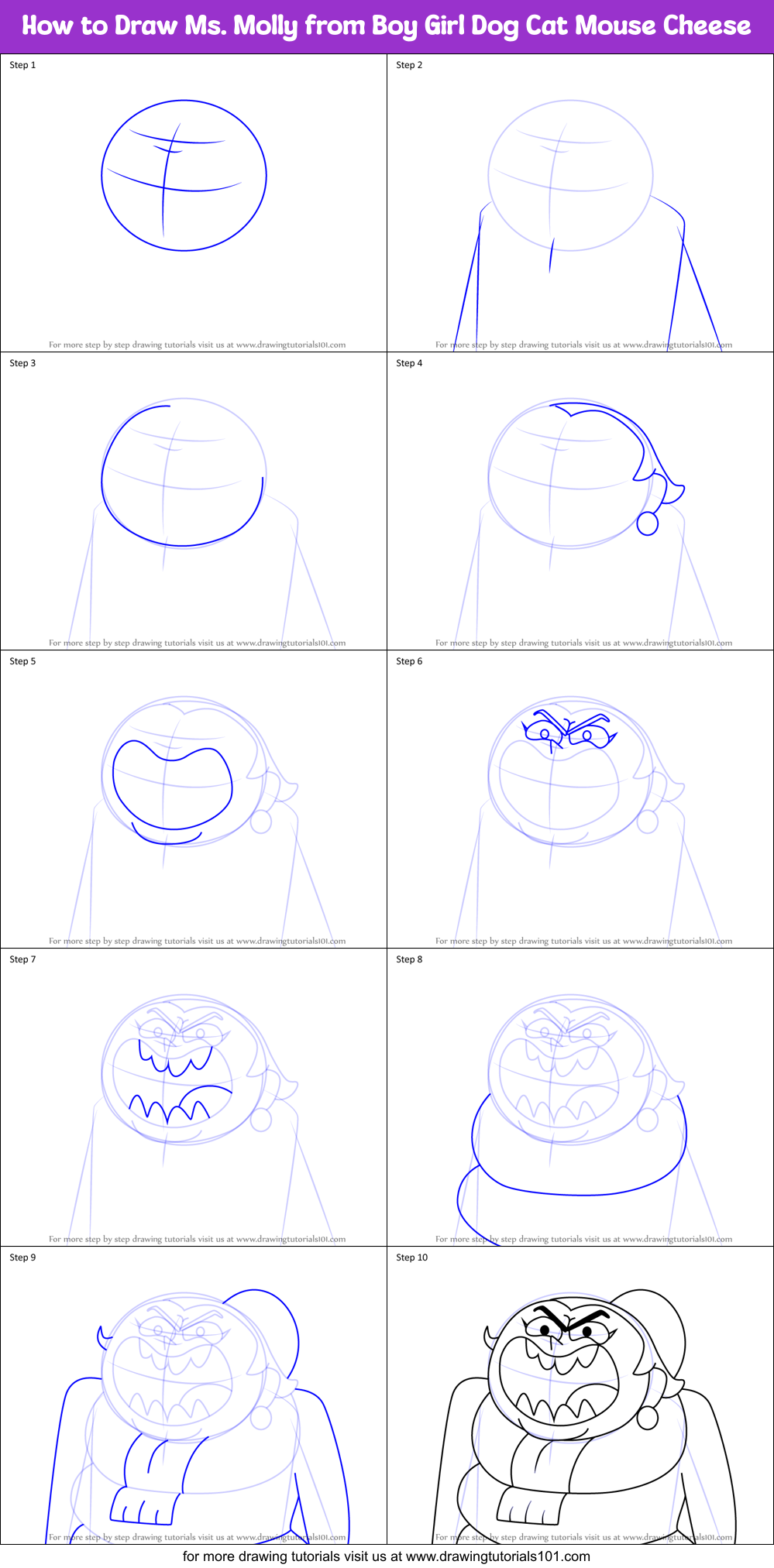 How to Draw Ms. Molly from Boy Girl Dog Cat Mouse Cheese Printable Step by Step