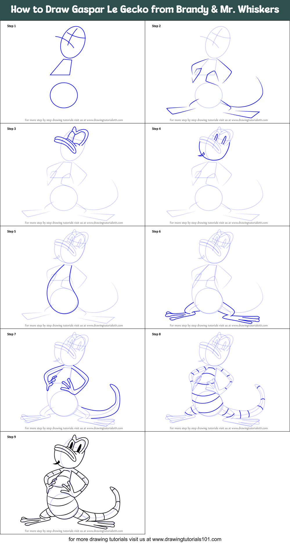 How to Draw Gaspar Le Gecko from Brandy & Mr. Whiskers Printable Step by Step