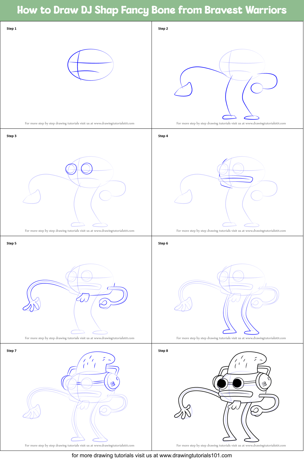 How to Draw DJ Shap Fancy Bone from Bravest Warriors Printable Step by Step