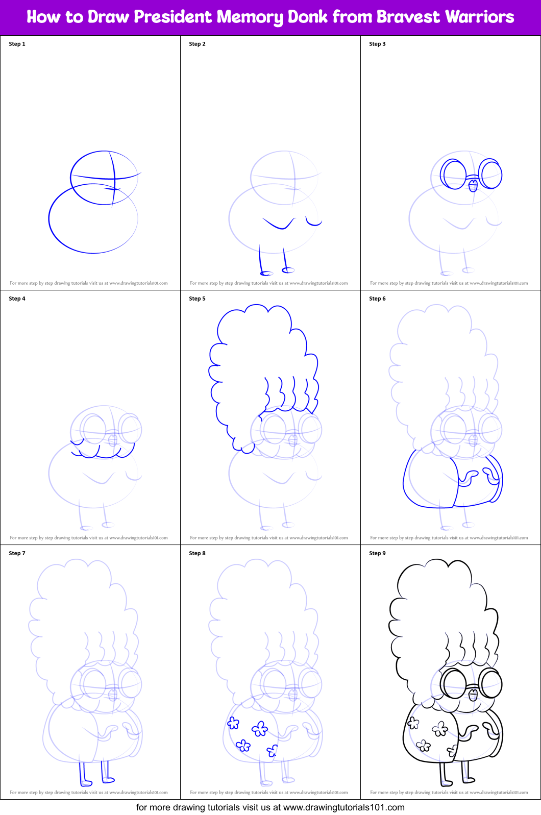 How to Draw President Memory Donk from Bravest Warriors Printable Step by Step