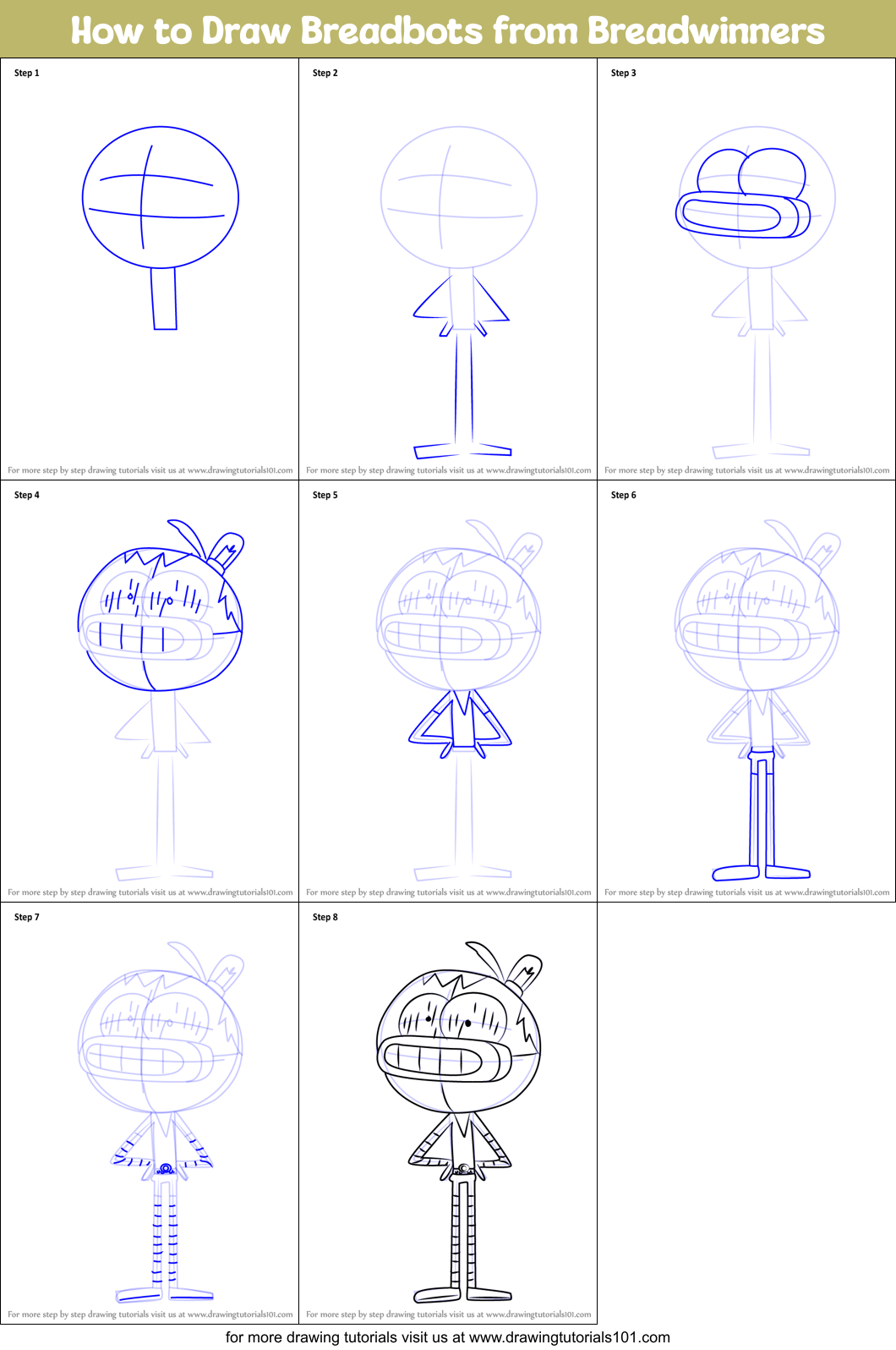 How to Draw Breadbots from Breadwinners Printable Step by Step