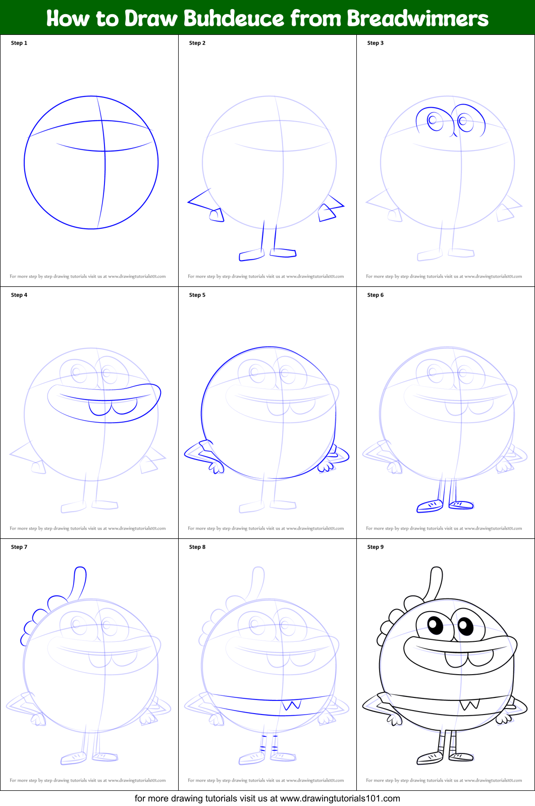 How to Draw Buhdeuce from Breadwinners Printable Step by Step