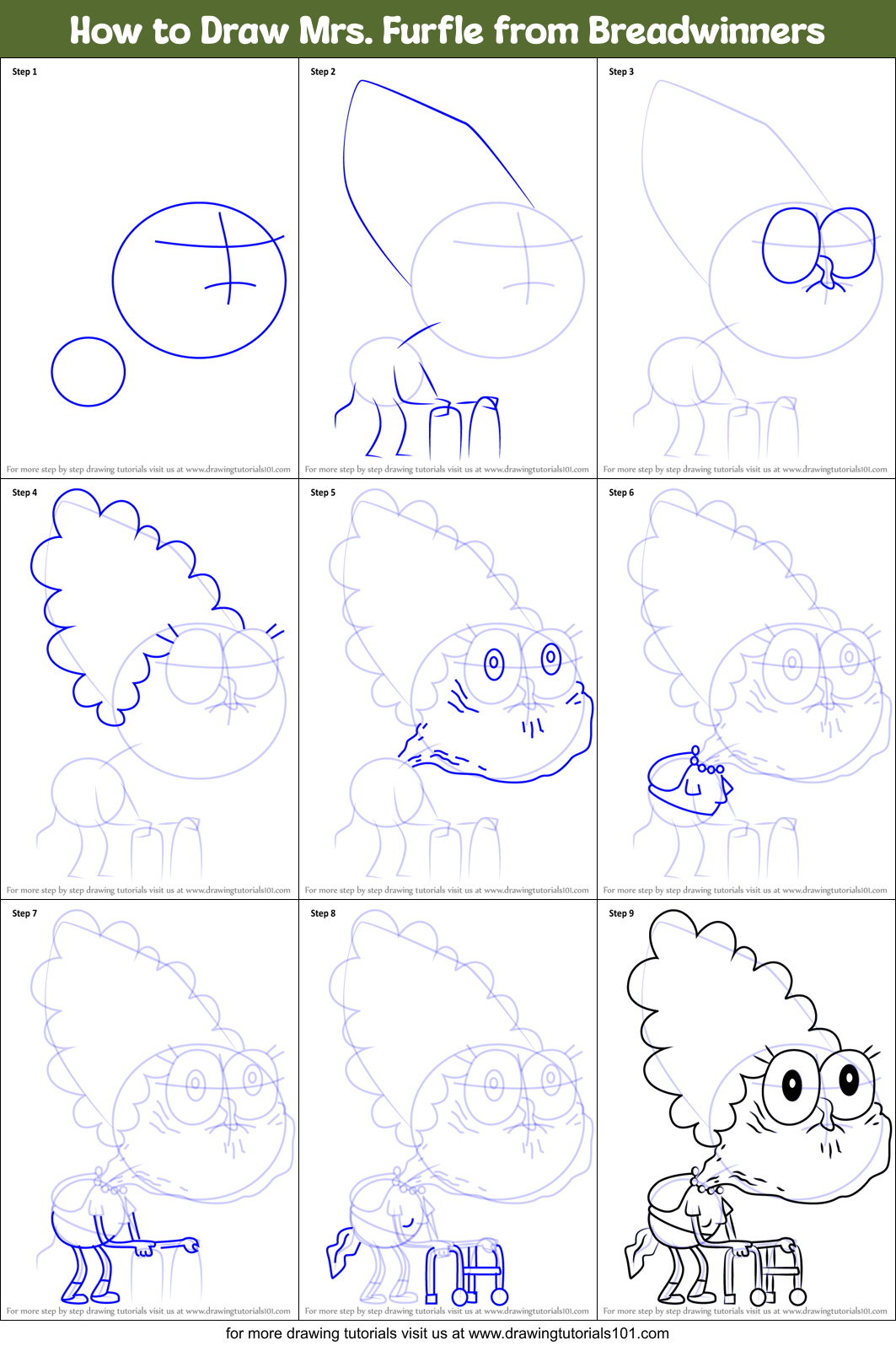 How to Draw Mrs. Furfle from Breadwinners Printable Step by Step