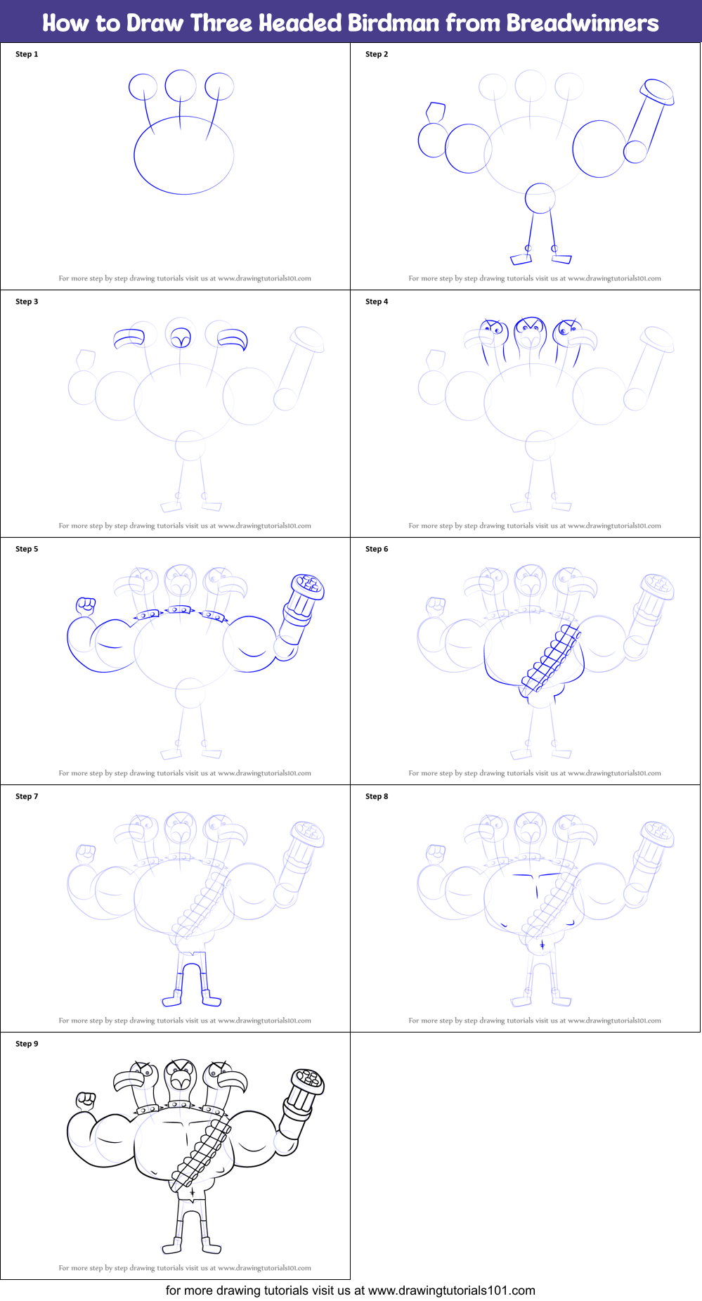 How to Draw Three Headed Birdman from Breadwinners Printable Step by Step