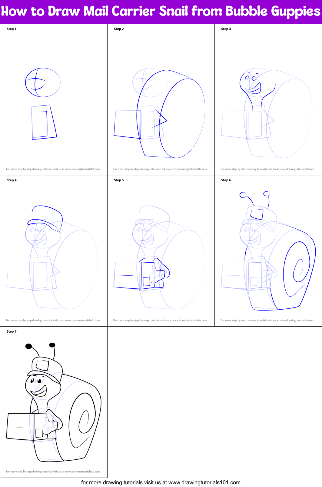 How to Draw Mail Carrier Snail from Bubble Guppies Printable Step by Step