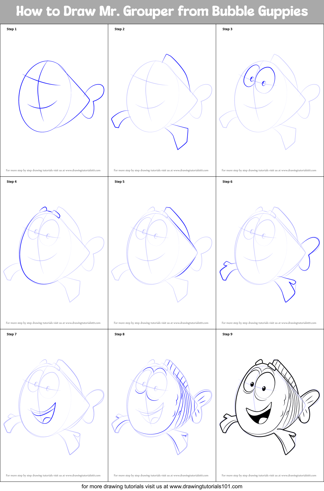 How to Draw Mr. Grouper from Bubble Guppies Printable Step by Step