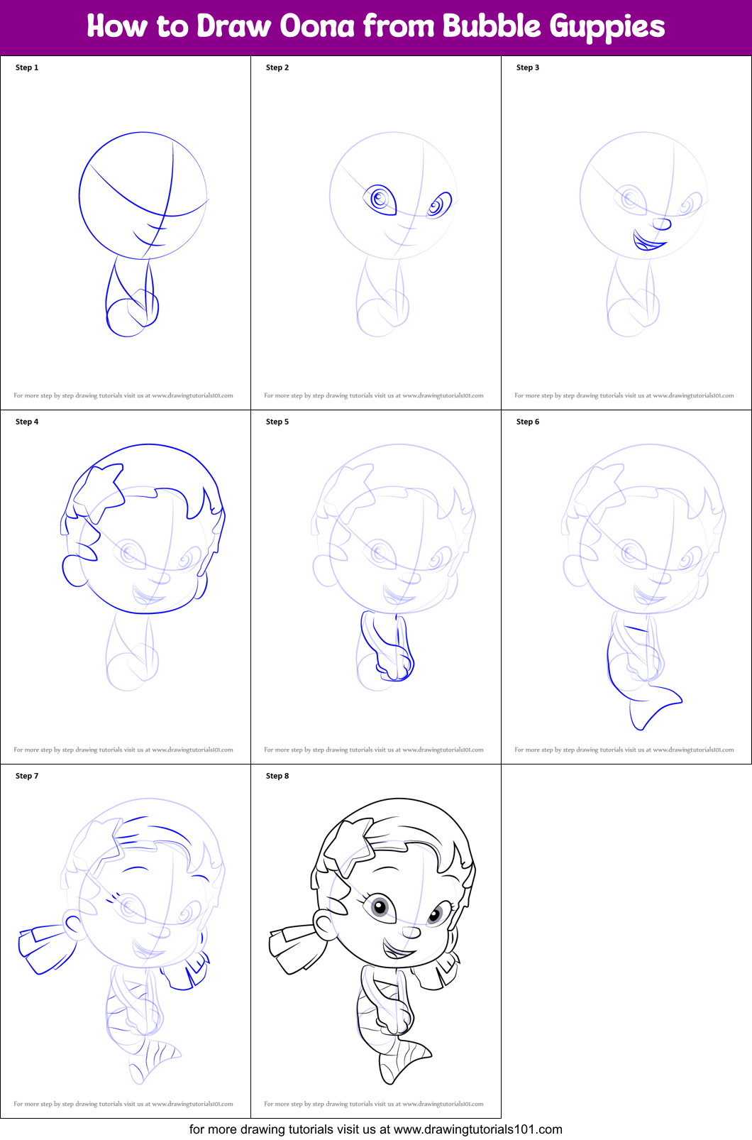 How to Draw Oona from Bubble Guppies Printable Step by Step