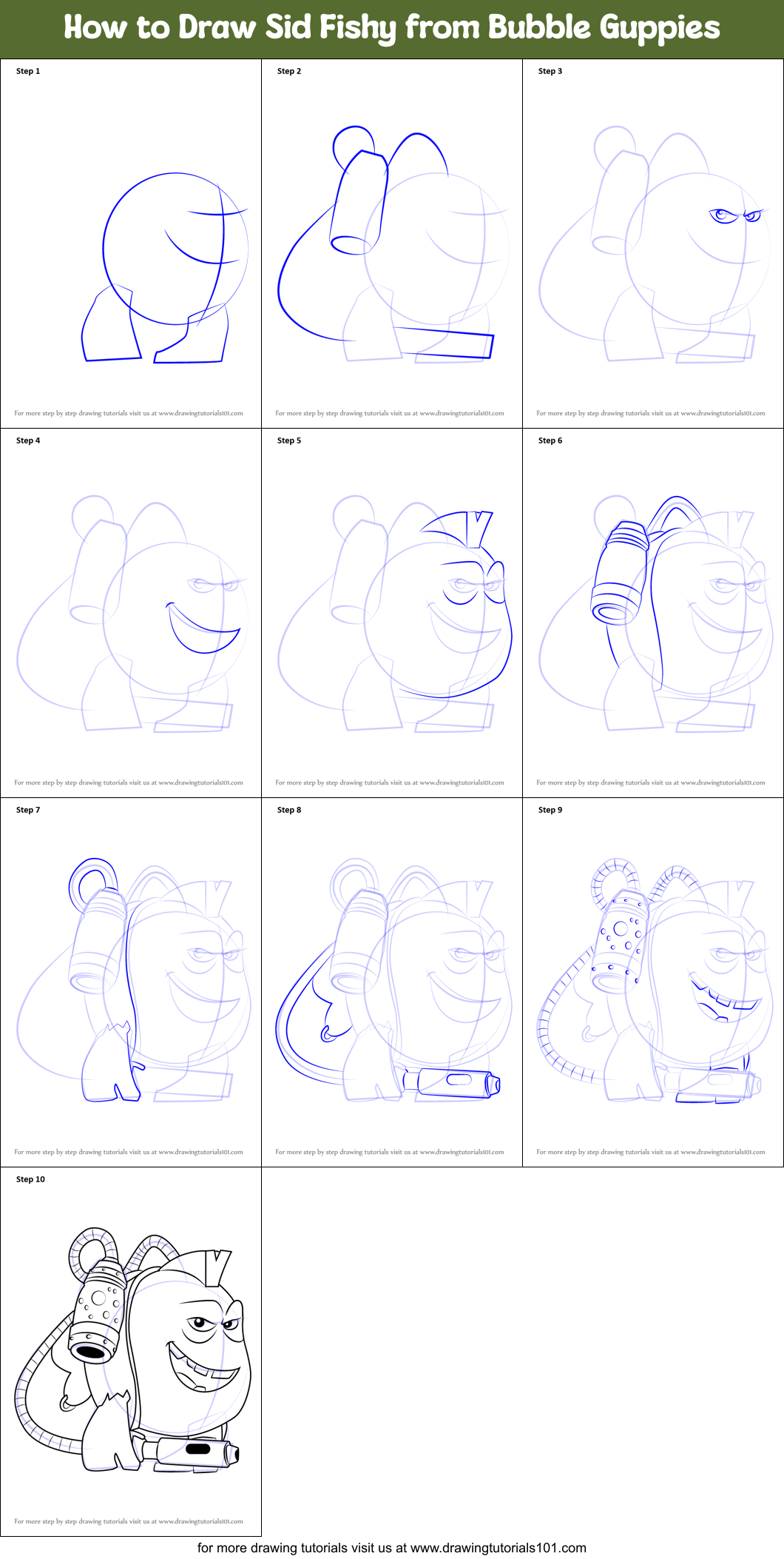 How to Draw Sid Fishy from Bubble Guppies Printable Step by Step