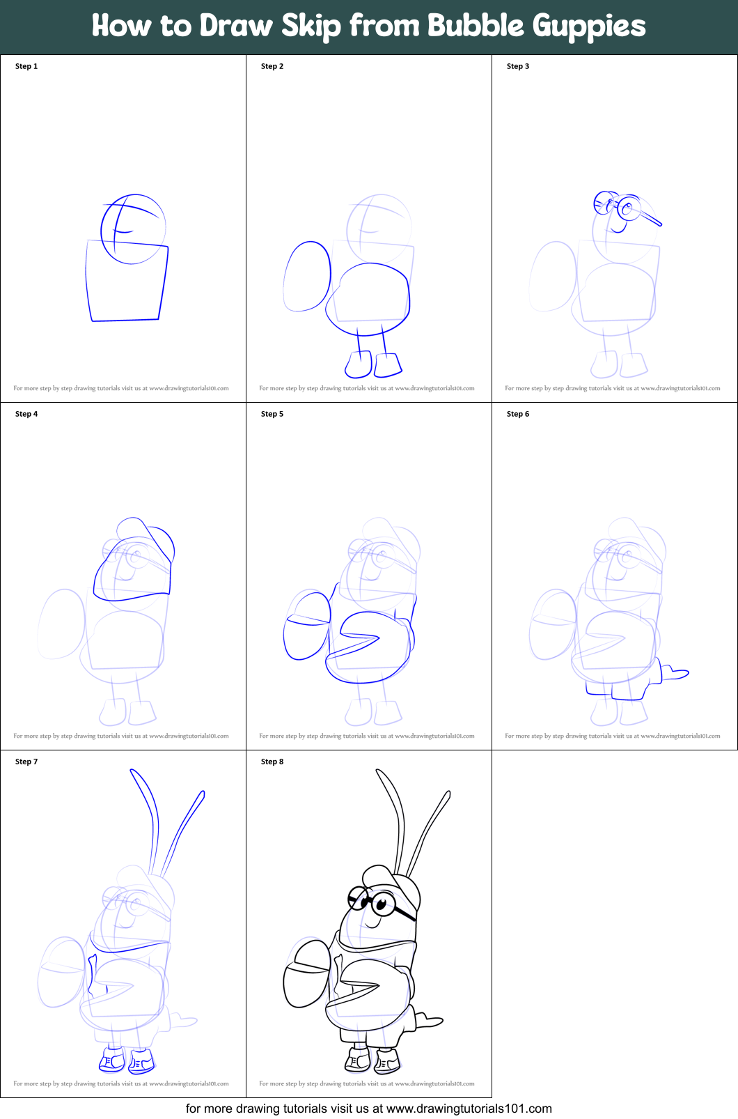 How to Draw Skip from Bubble Guppies Printable Step by Step