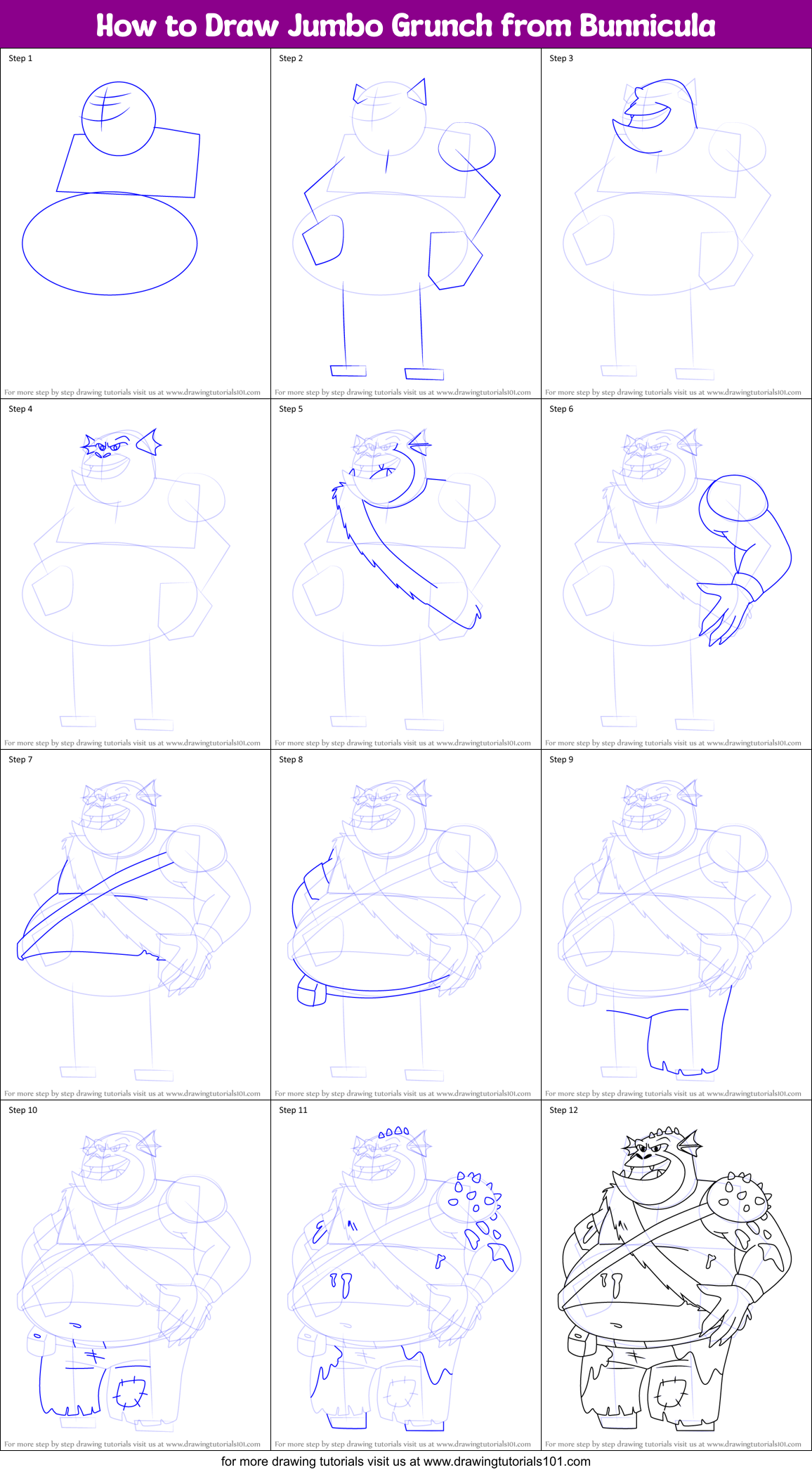 How to Draw Jumbo Grunch from Bunnicula Printable Step by Step
