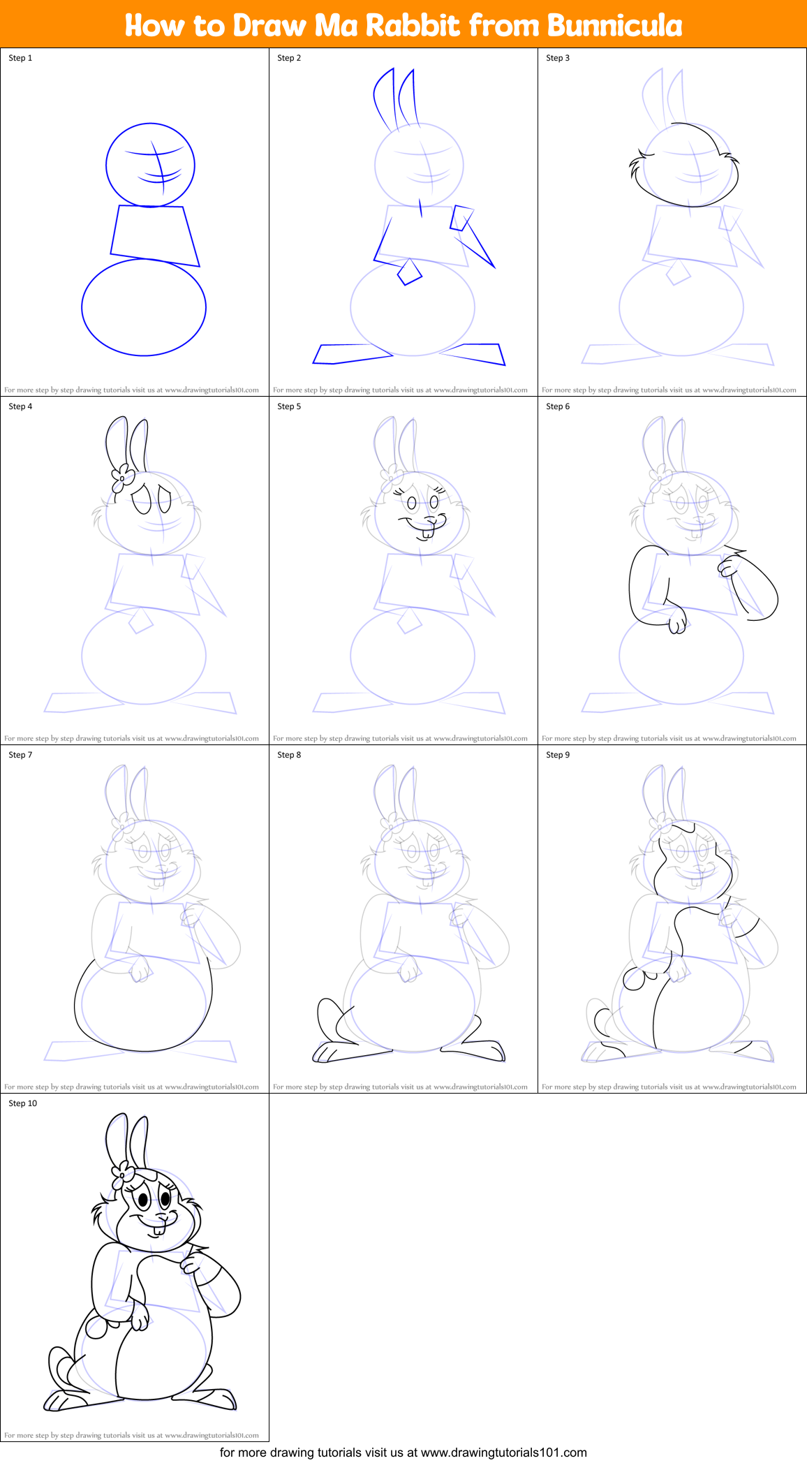 How to Draw Ma Rabbit from Bunnicula Printable Step by Step
