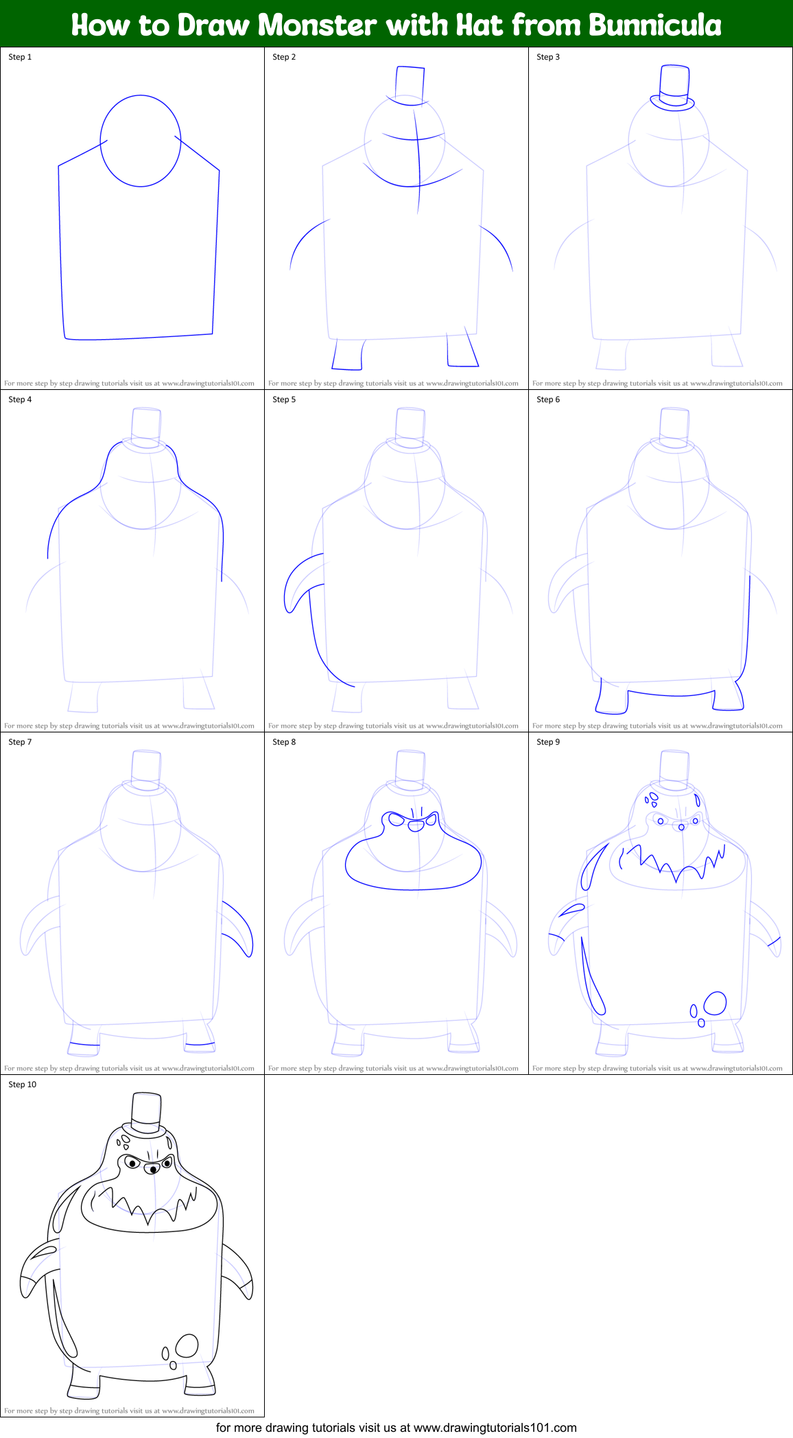 How to Draw Monster with Hat from Bunnicula Printable Step by Step