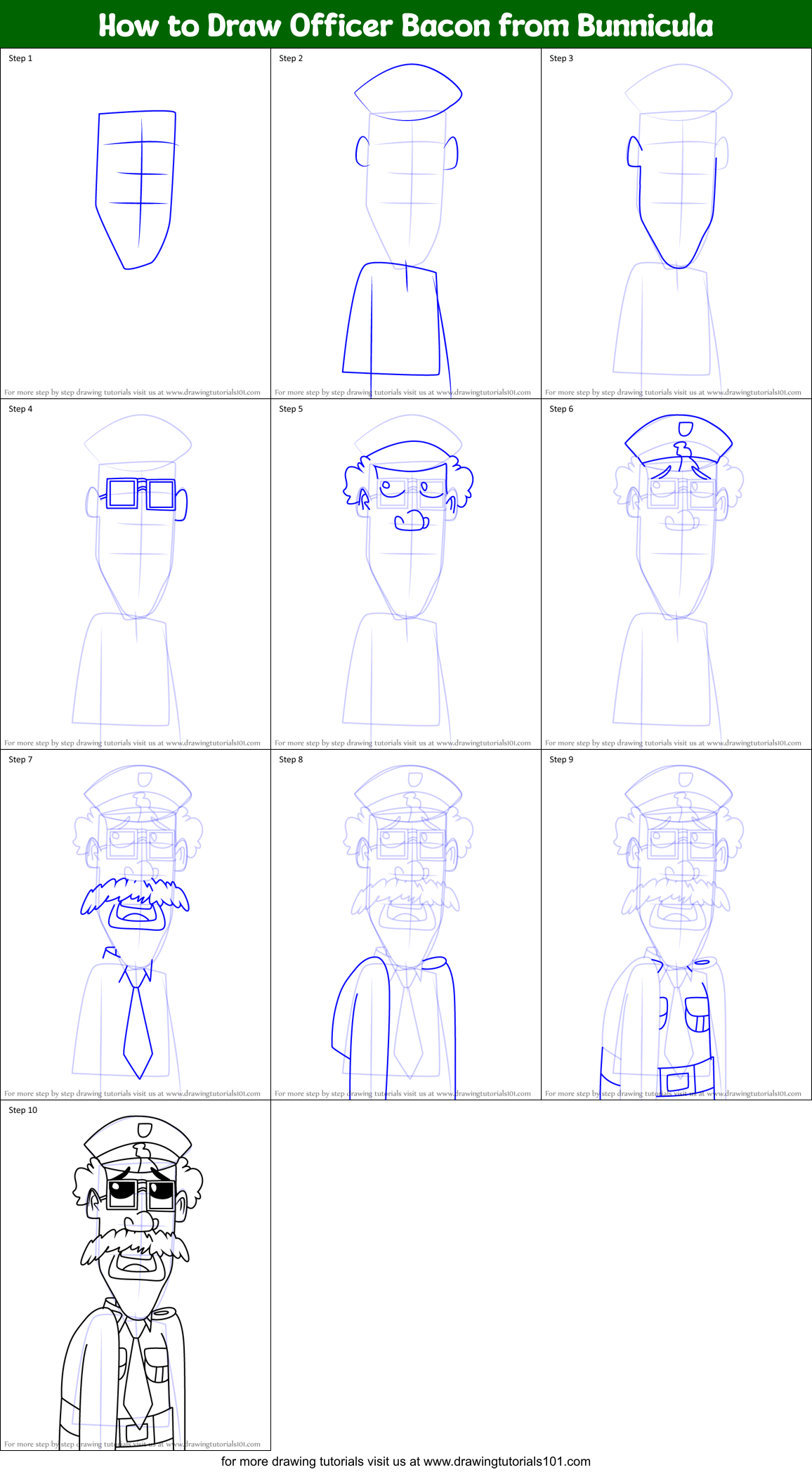 How to Draw Officer Bacon from Bunnicula Printable Step by Step