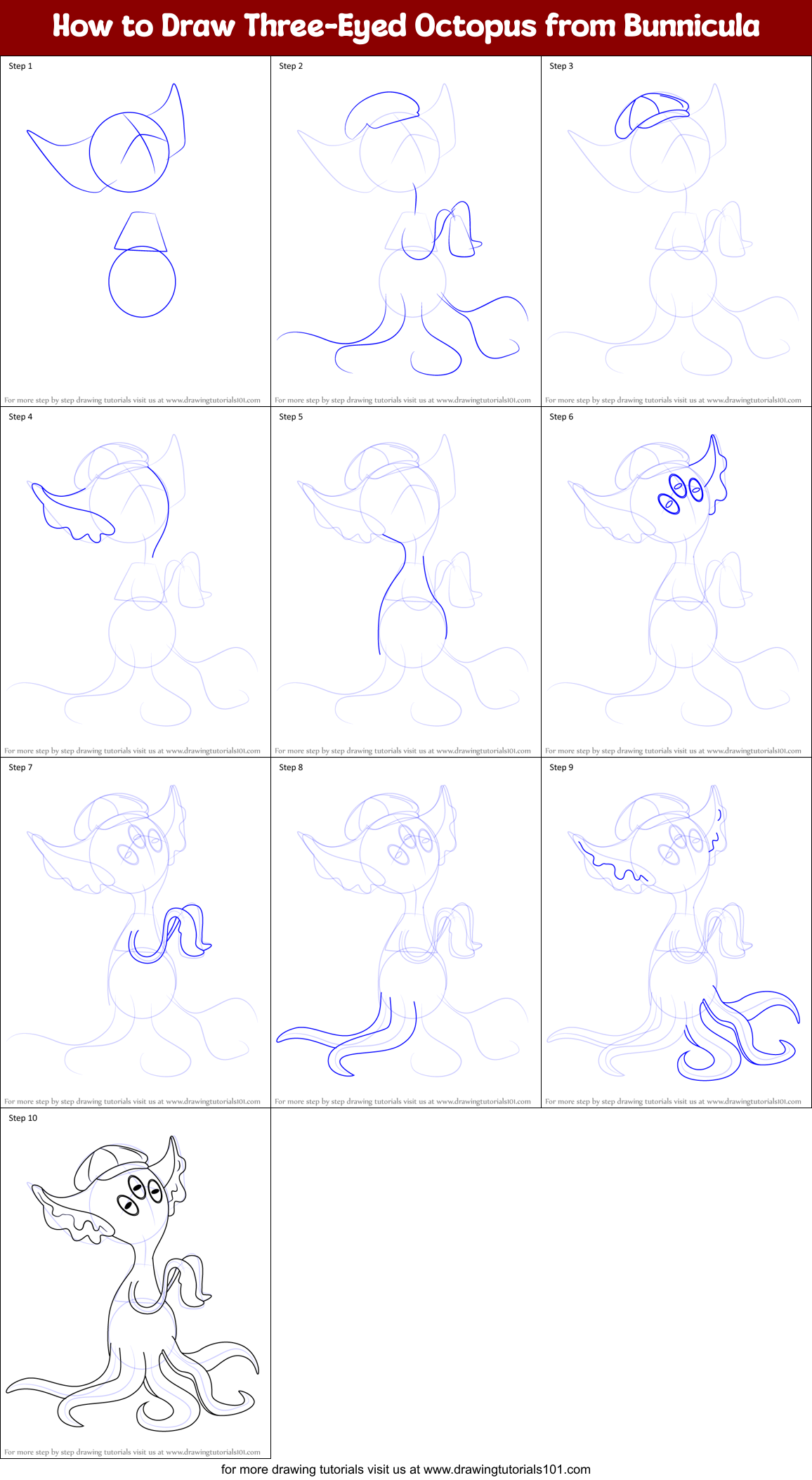 How to Draw Three-Eyed Octopus from Bunnicula Printable Step by Step