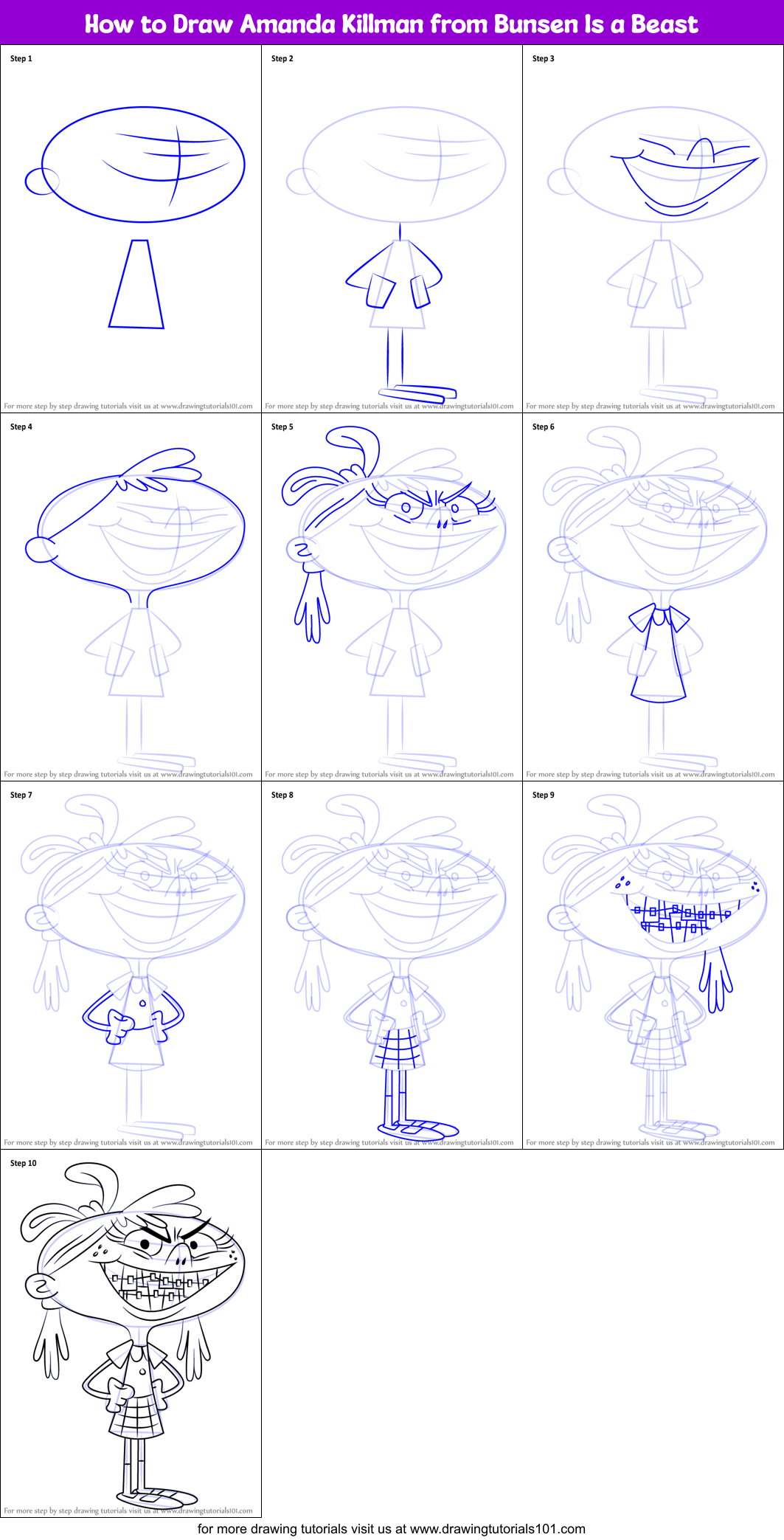 How to Draw Amanda Killman from Bunsen Is a Beast Printable Step by Step