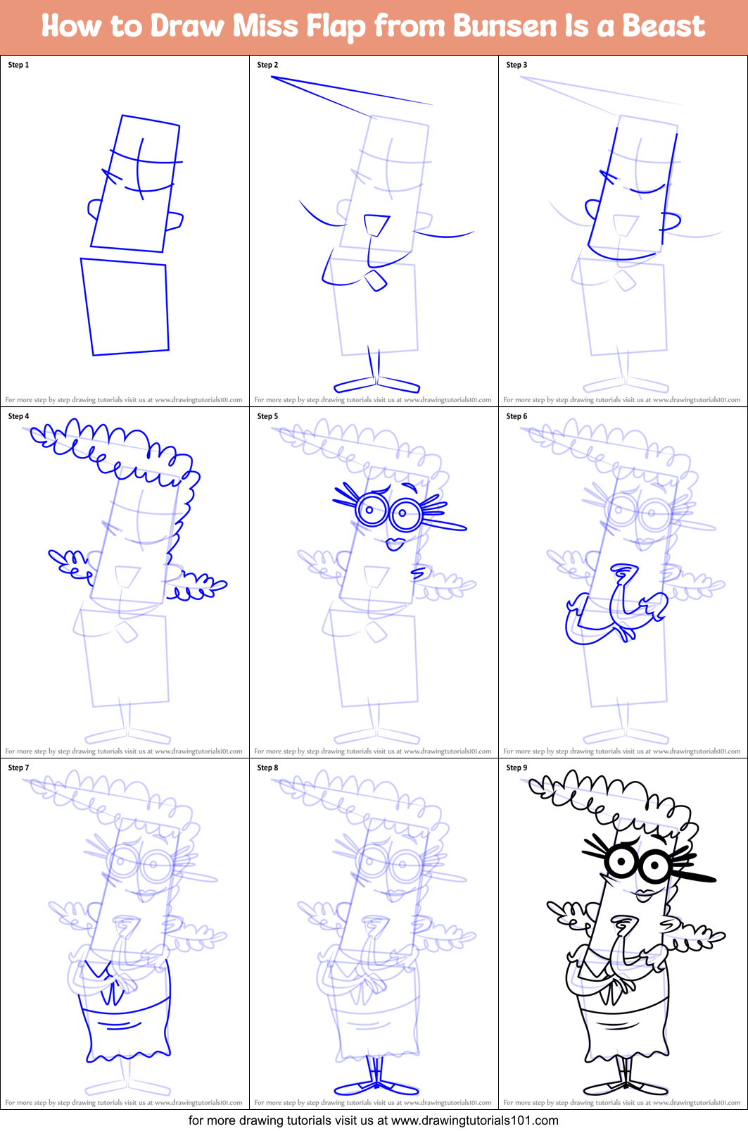 How to Draw Miss Flap from Bunsen Is a Beast Printable Step by Step