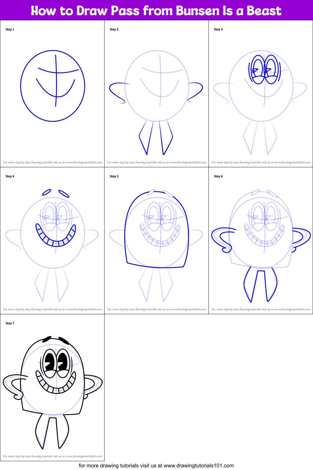 How to Draw Pass from Bunsen Is a Beast Printable Step by Step