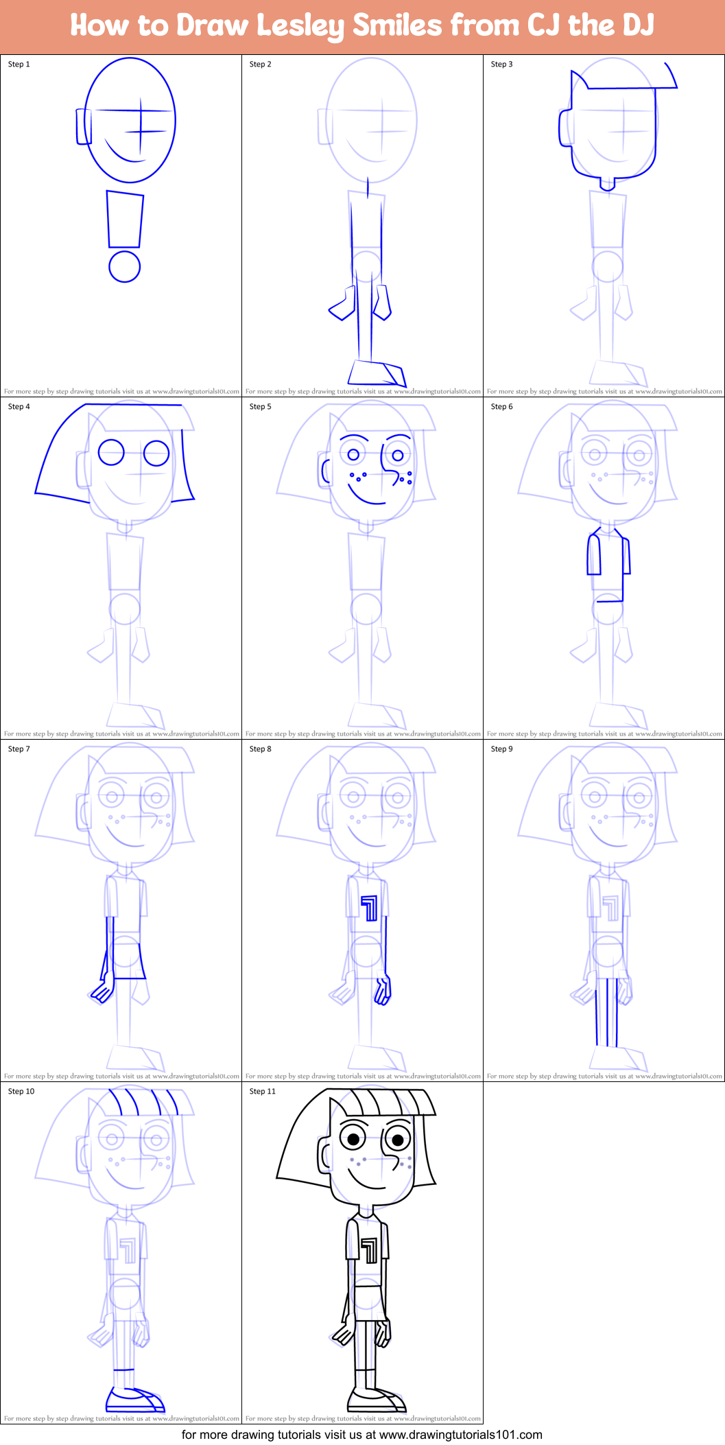 How to Draw Lesley Smiles from CJ the DJ Printable Step by Step