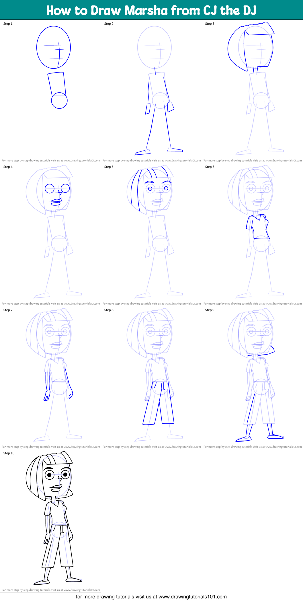 How to Draw Marsha from CJ the DJ Printable Step by Step