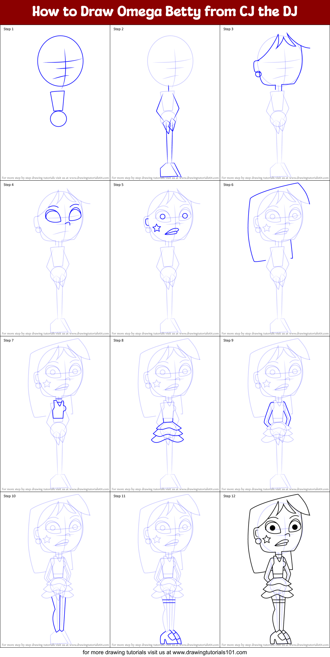 How to Draw Omega Betty from CJ the DJ Printable Step by Step