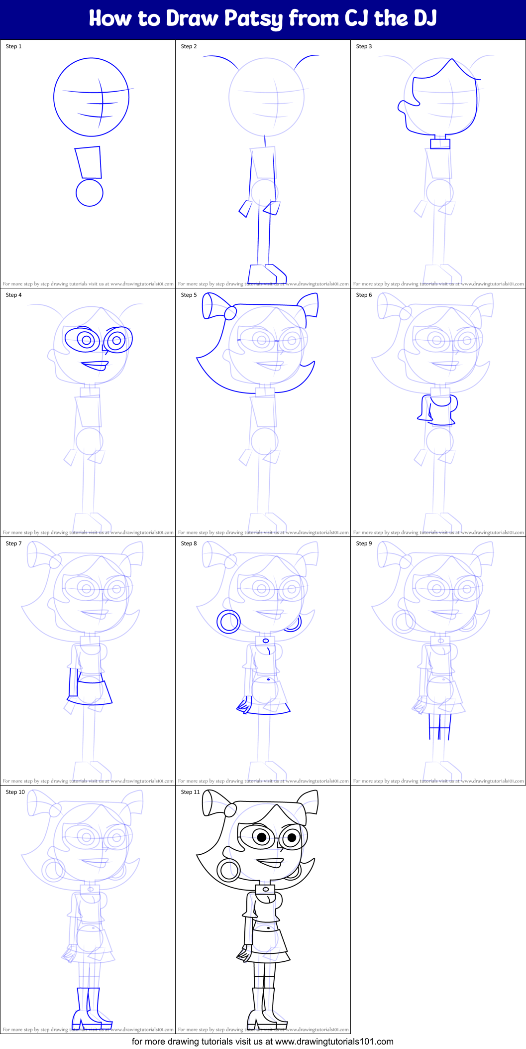 How to Draw Patsy from CJ the DJ Printable Step by Step