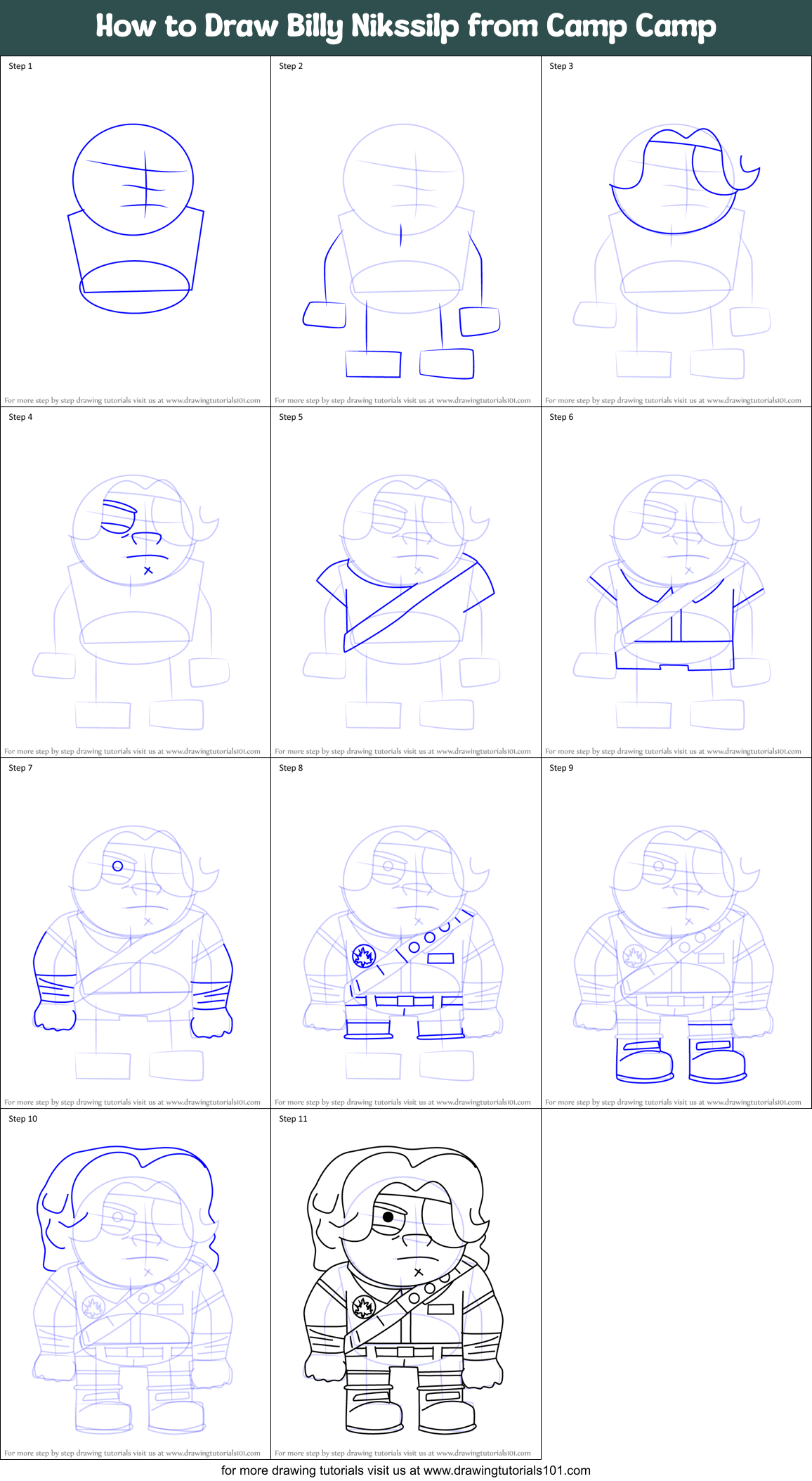 How to Draw Billy Nikssilp from Camp Camp Printable Step by Step
