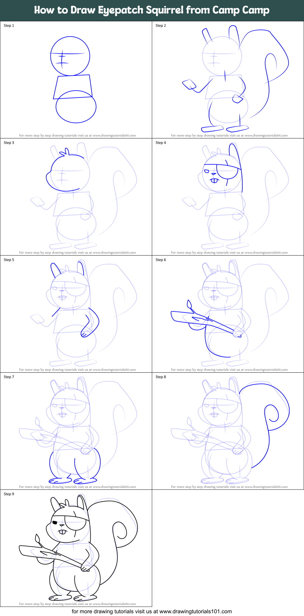 How to Draw Eyepatch Squirrel from Camp Camp Printable Step by Step