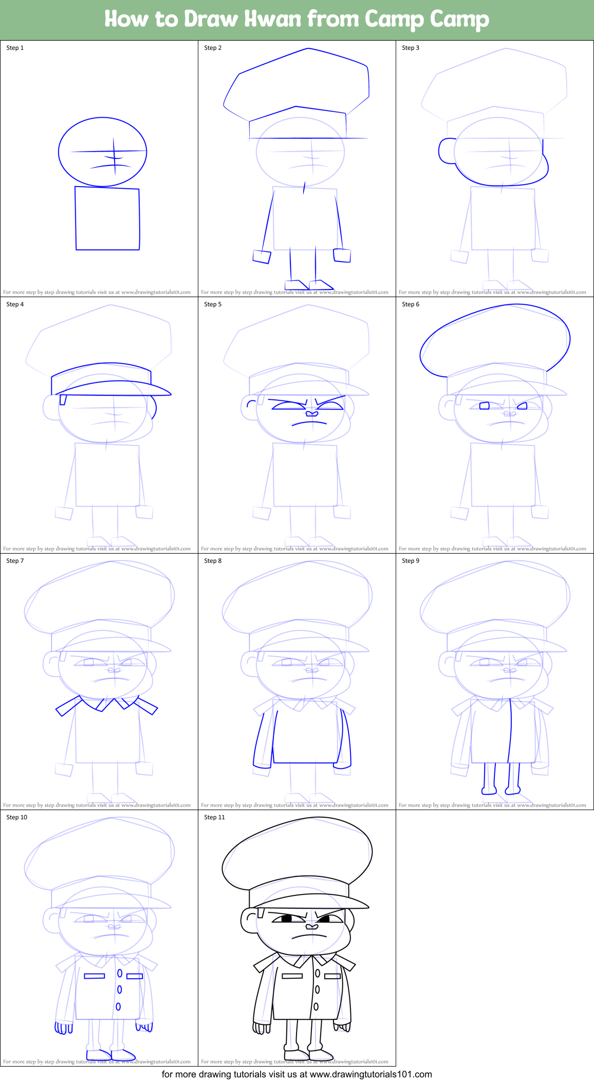 How to Draw Hwan from Camp Camp Printable Step by Step