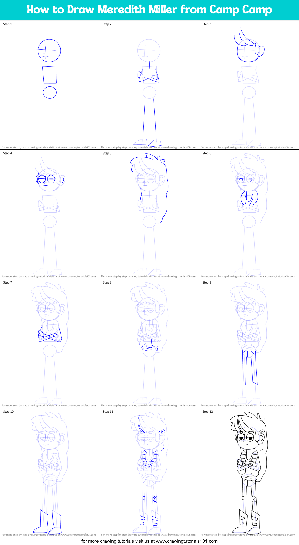 How to Draw Meredith Miller from Camp Camp Printable Step by Step