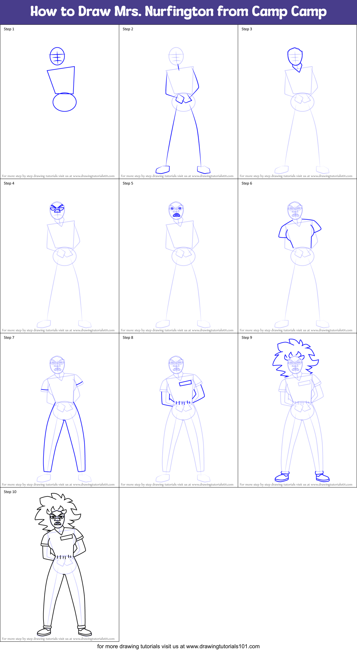 How to Draw Mrs. Nurfington from Camp Camp Printable Step by Step