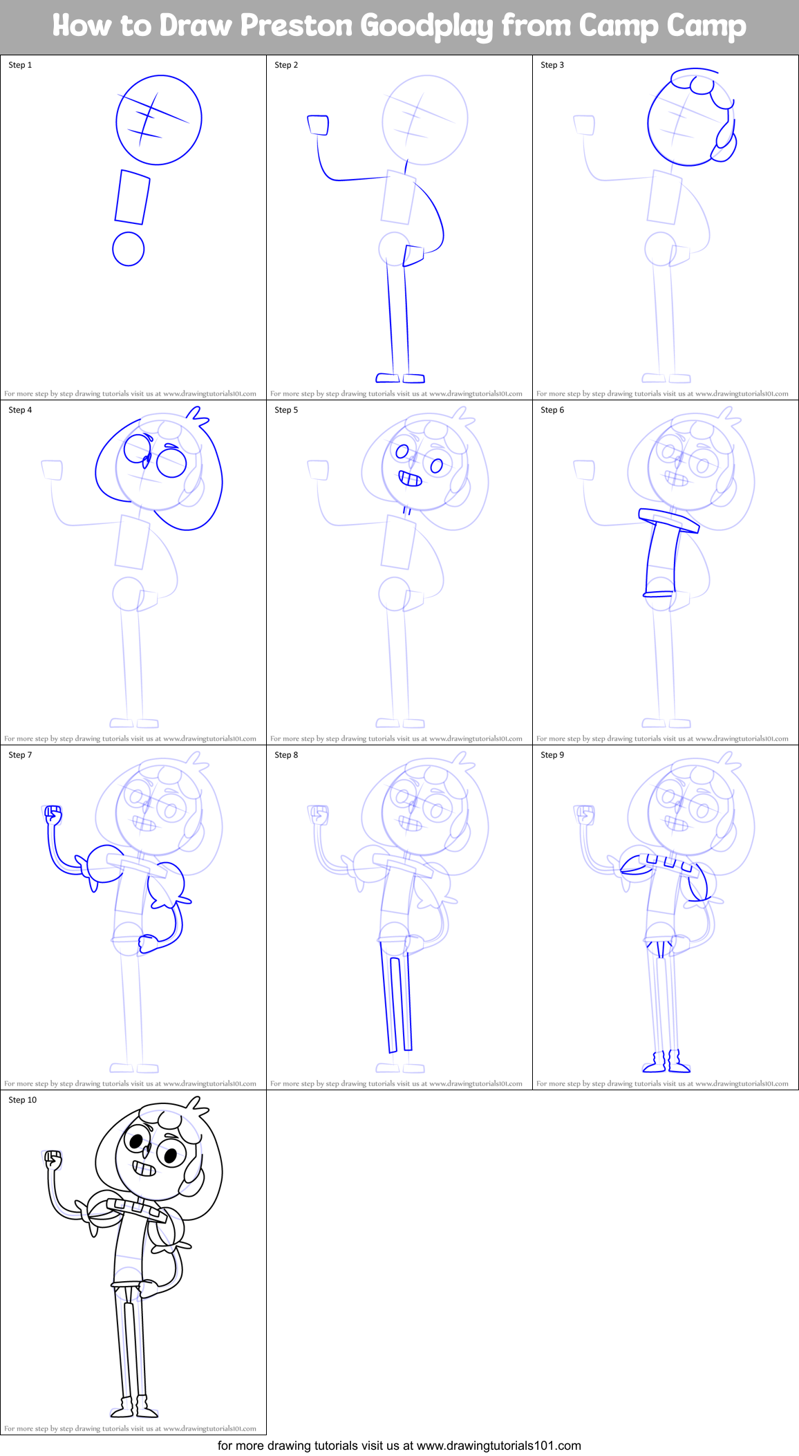 How to Draw Preston Goodplay from Camp Camp Printable Step by Step