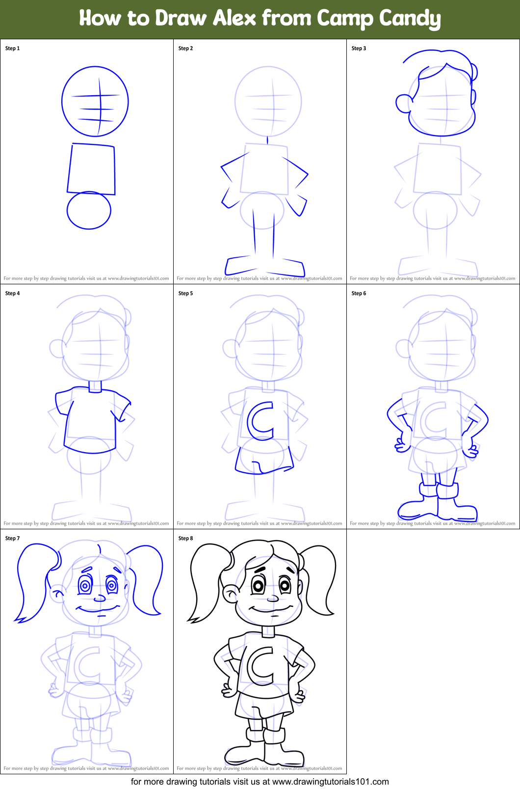 How to Draw Alex from Camp Candy Printable Step by Step