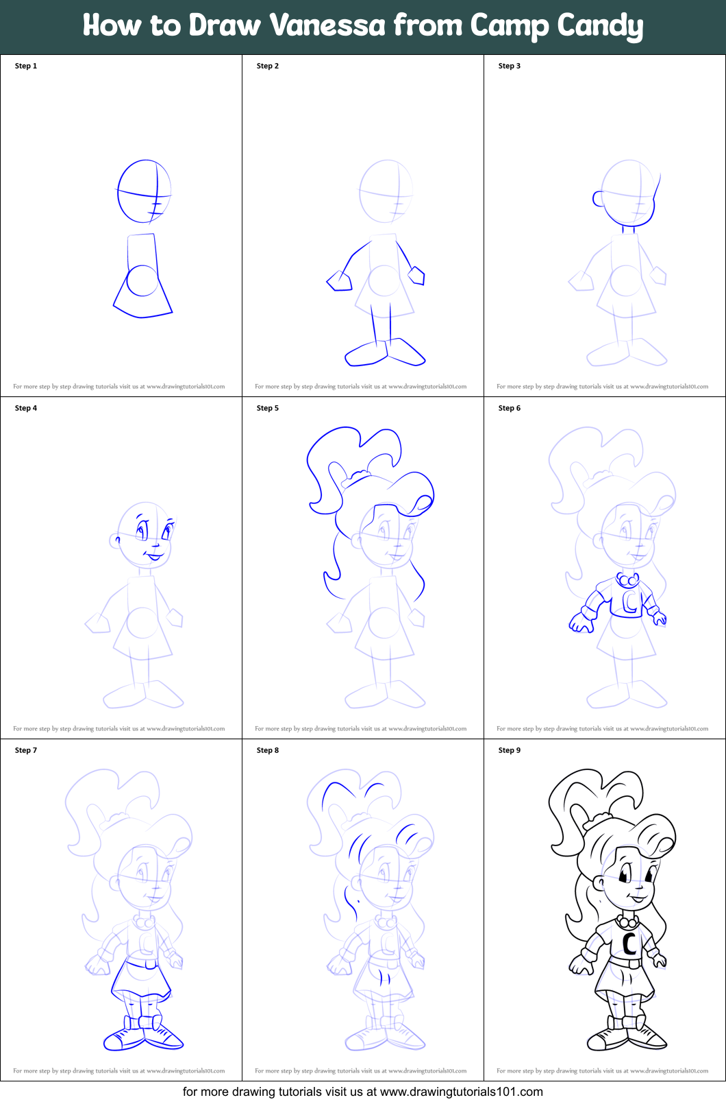 How to Draw Vanessa from Camp Candy Printable Step by Step